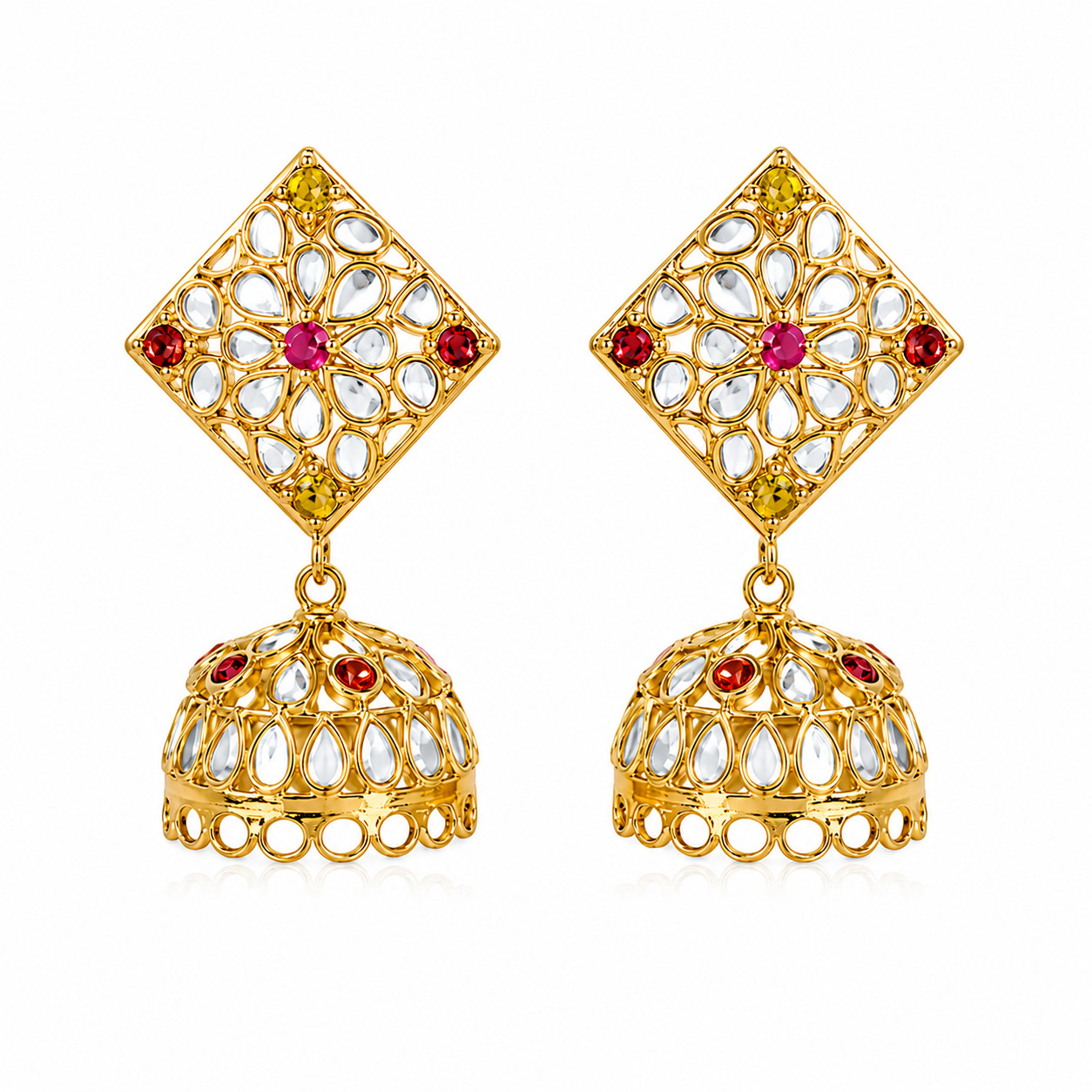 Natural Polki Jhumka Drop Earrings 925 Sterling Silver Handmade Bridal Wedding