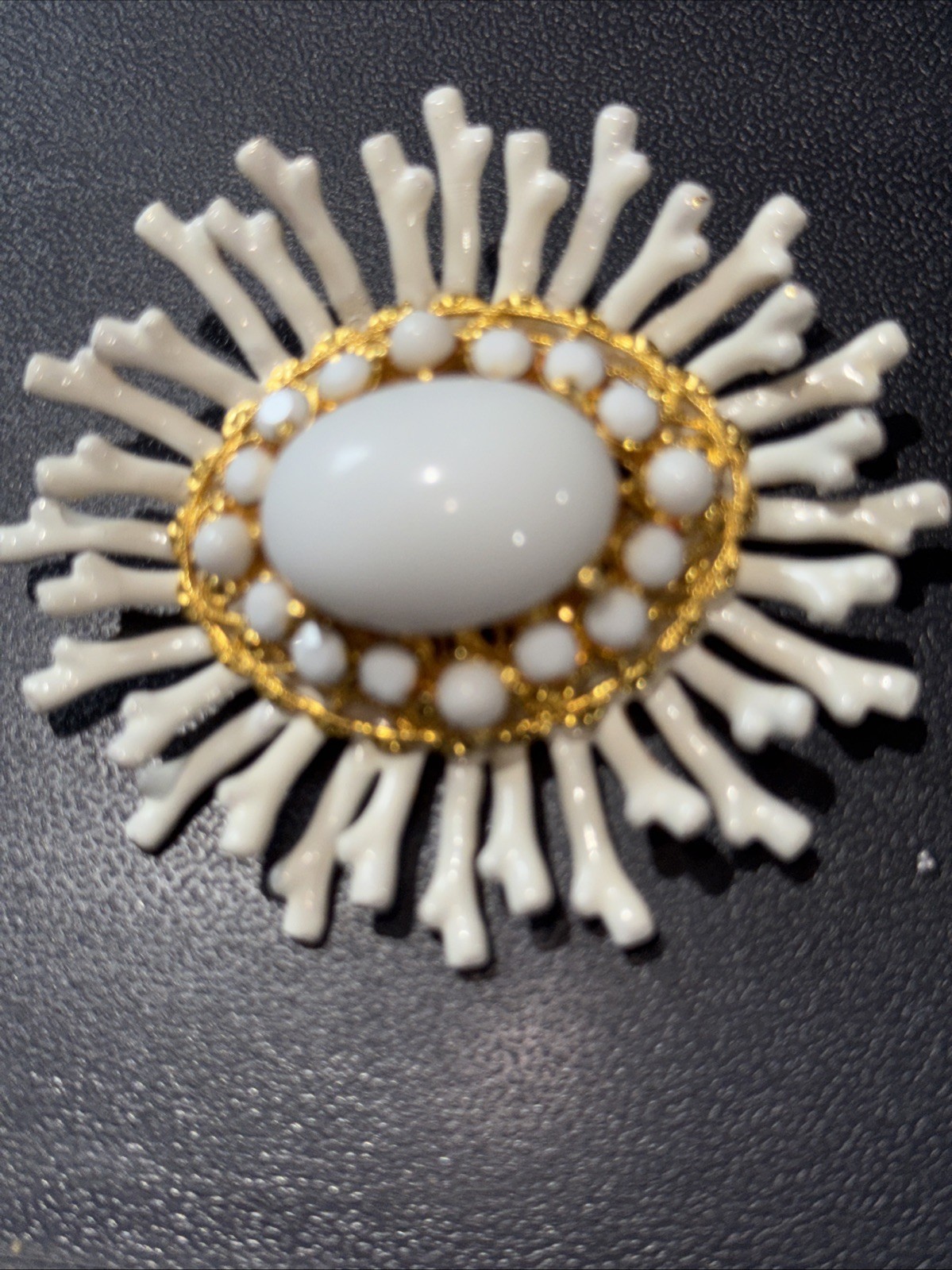 Cadoro White Glass Cabochon Gold Tone Etruscan Brooch Pendant
