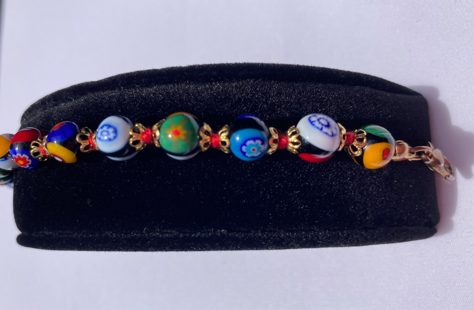 Vintage Murano Style Millefiori Glass Bead Bracelet Italy 7.5″ Hand Knotted