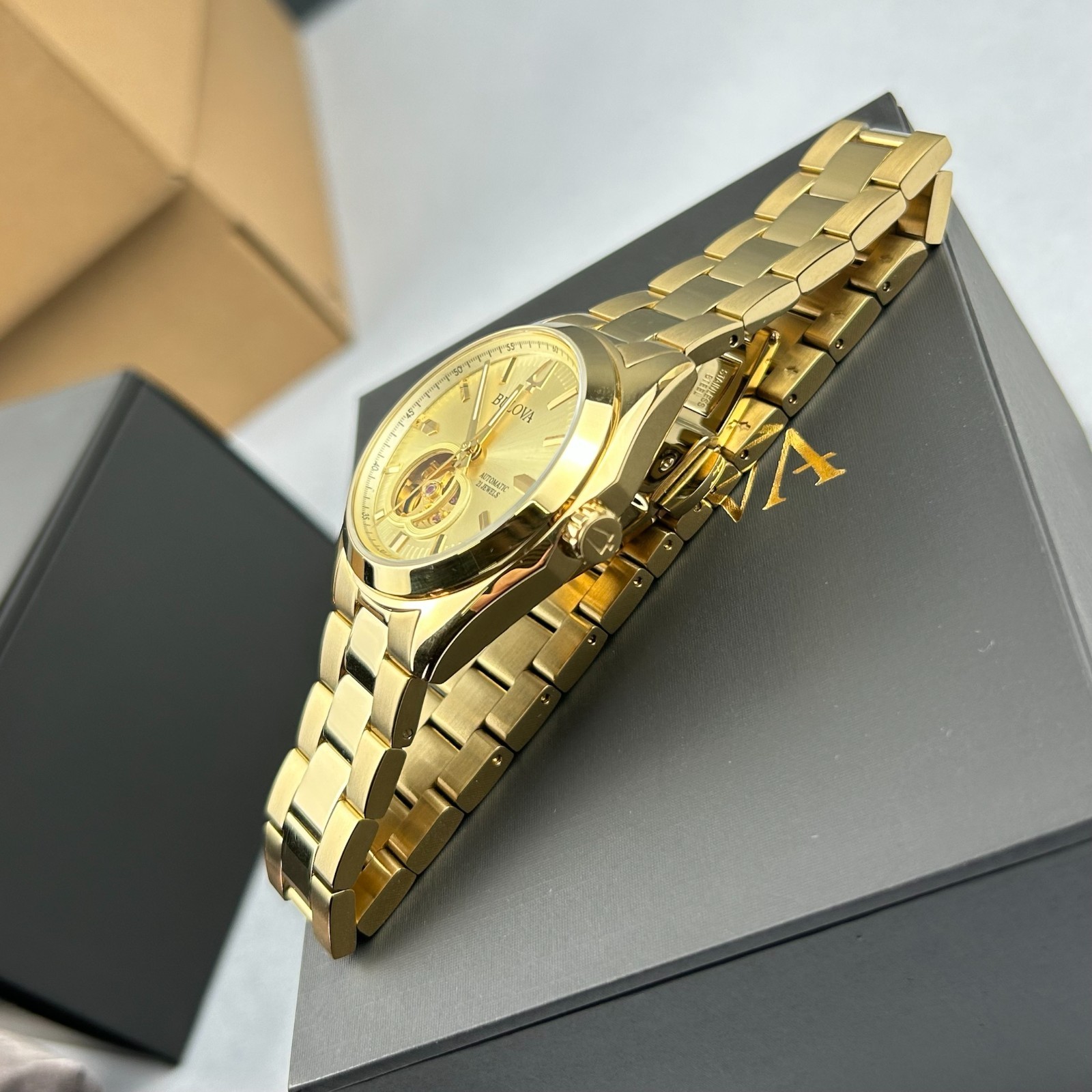 Bulova Men’s 97A182 Surveyor Champagne Dial Gold Stainless Steel Automatic Watch