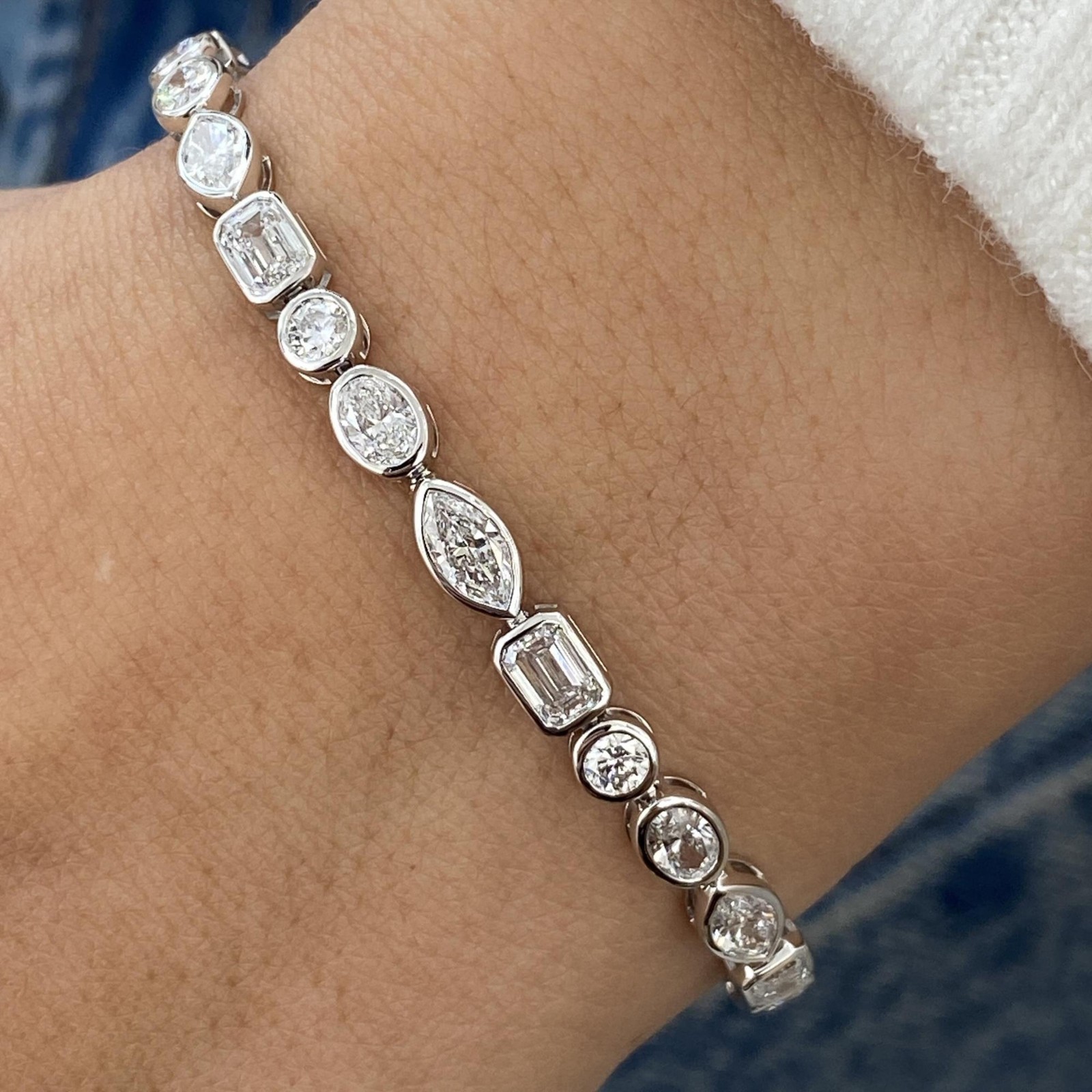Lab Grown Diamond Multi Cut Bezel Style Tennis Bracelet 14k Solid White Gold