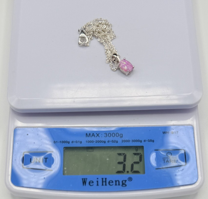 Sterling Silver Lab Pink Opal Pendant Necklace 18″ 3.2g NWT Gift Box