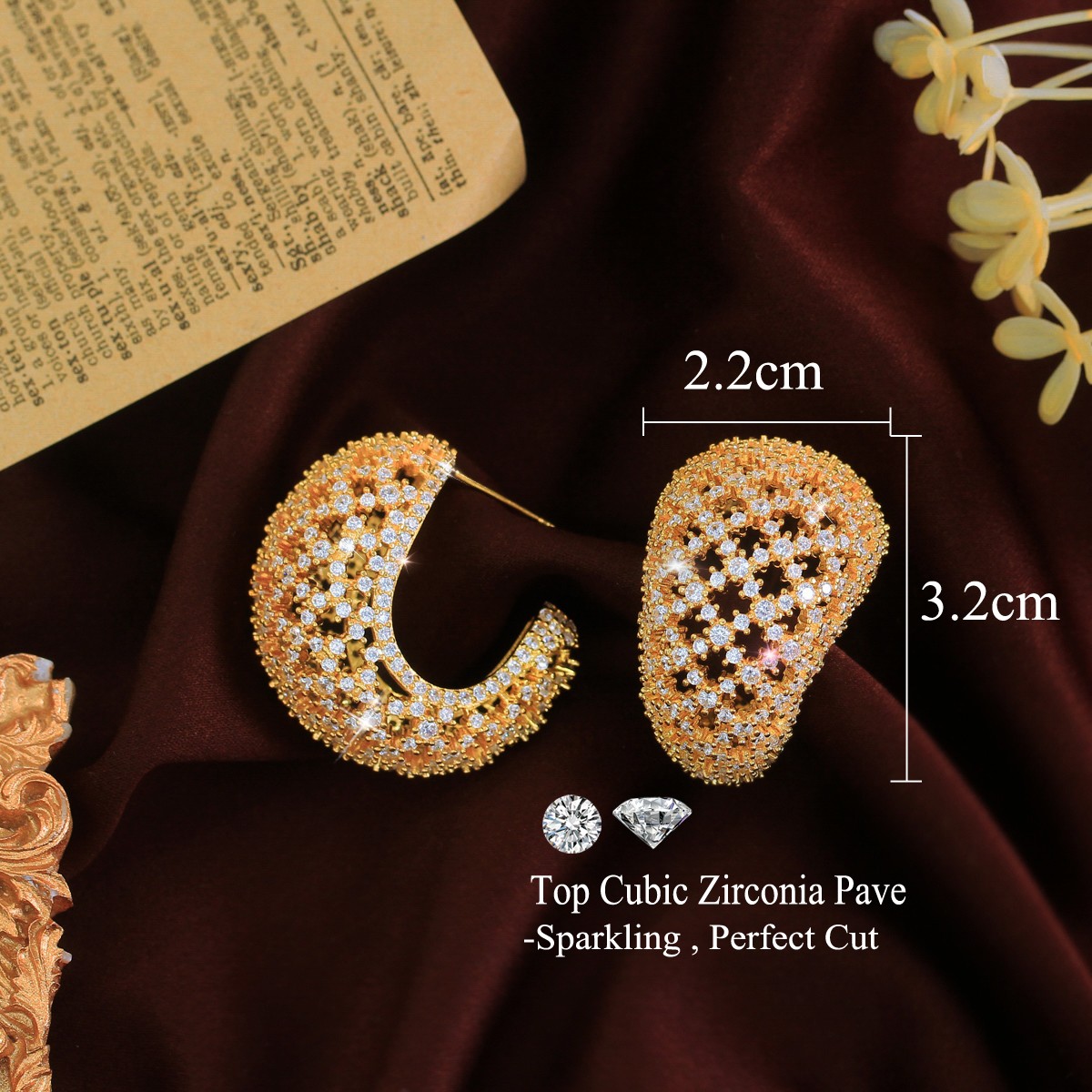 Luxurious Gold Plated Cubic Zirconia Curved Drop Hoop Earrings for Women Wedding