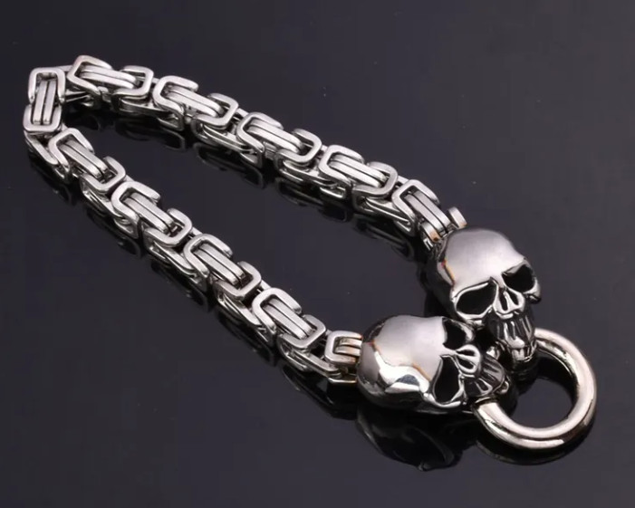 Unisex Stainless Steel Byzantine Dual Skull Biker Bracelet Hidden Clasp 224