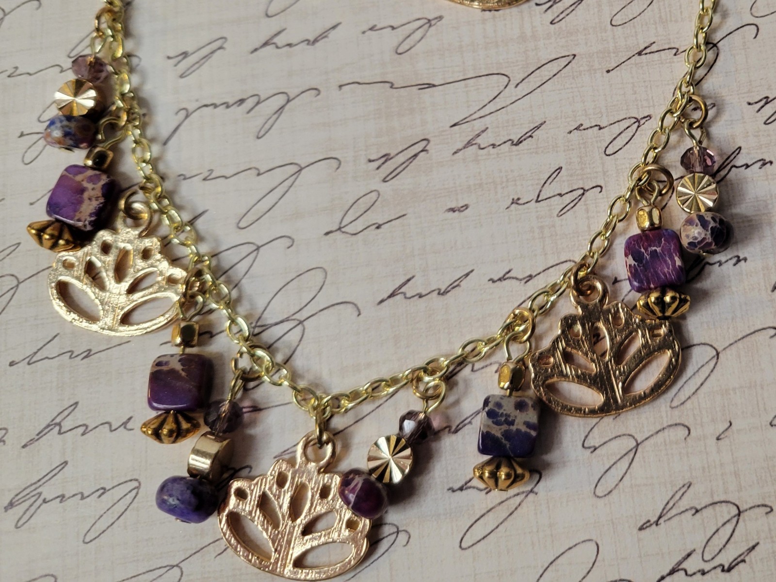 3-Piece Set with Purple Imperial Jasper, Glass, Gold Plated Charms and Findings