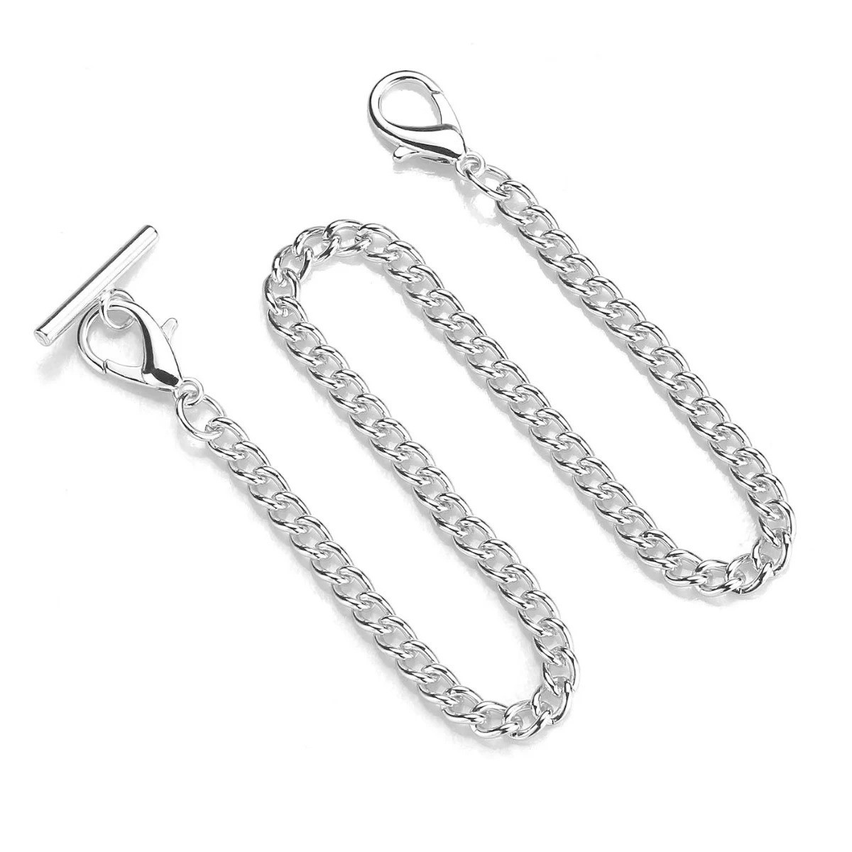 Silver Pocket Watch Chain with T-Bar, 14 Inch Pocket Watch Chains for Men, Silve
