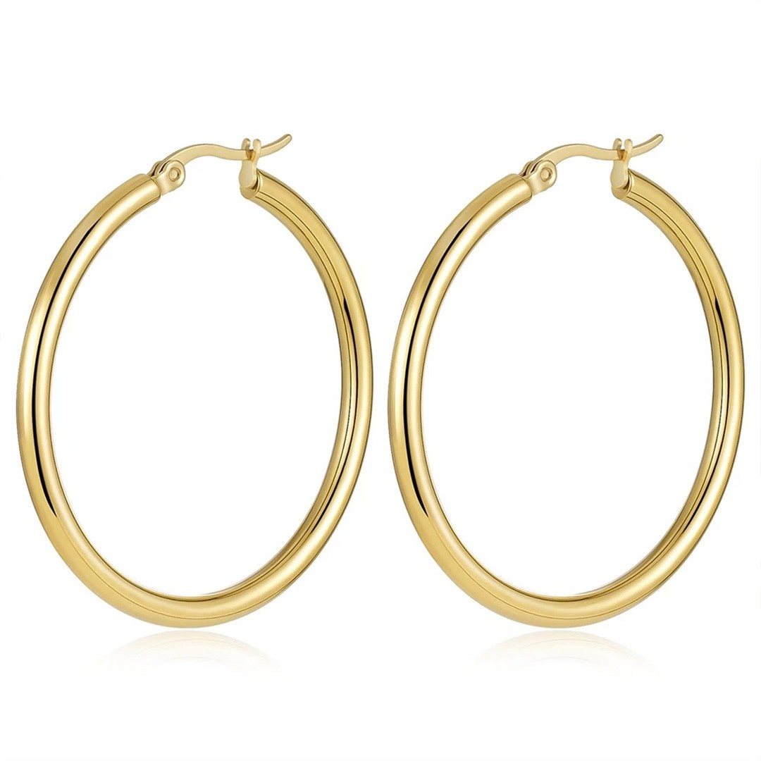 35mm 14K Real Solid Yellow Gold Shiny Polished Round Creole Hoop Earrings Gift