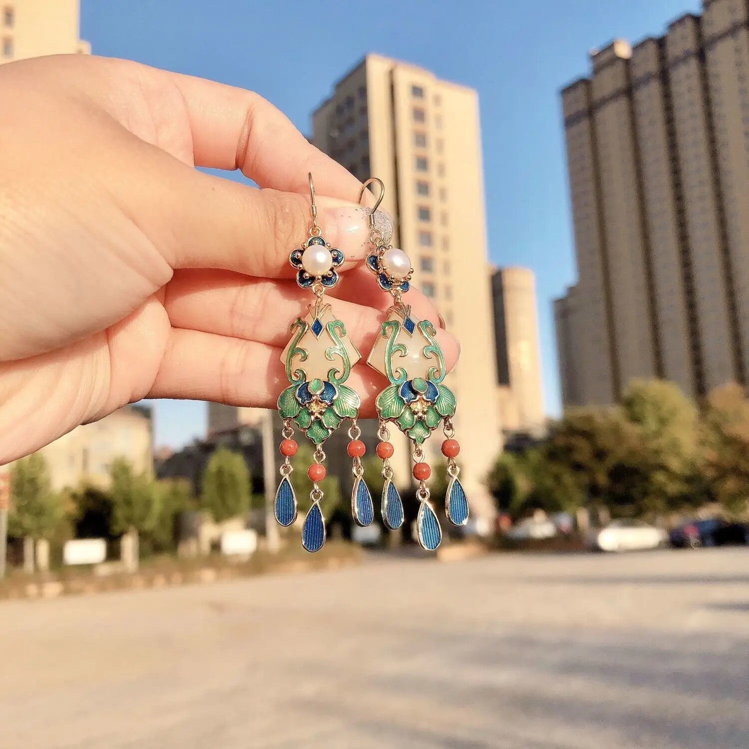 Gold Plated Cloisonne Natural Jade Palace Antiquity Temperament Tassel Earrings