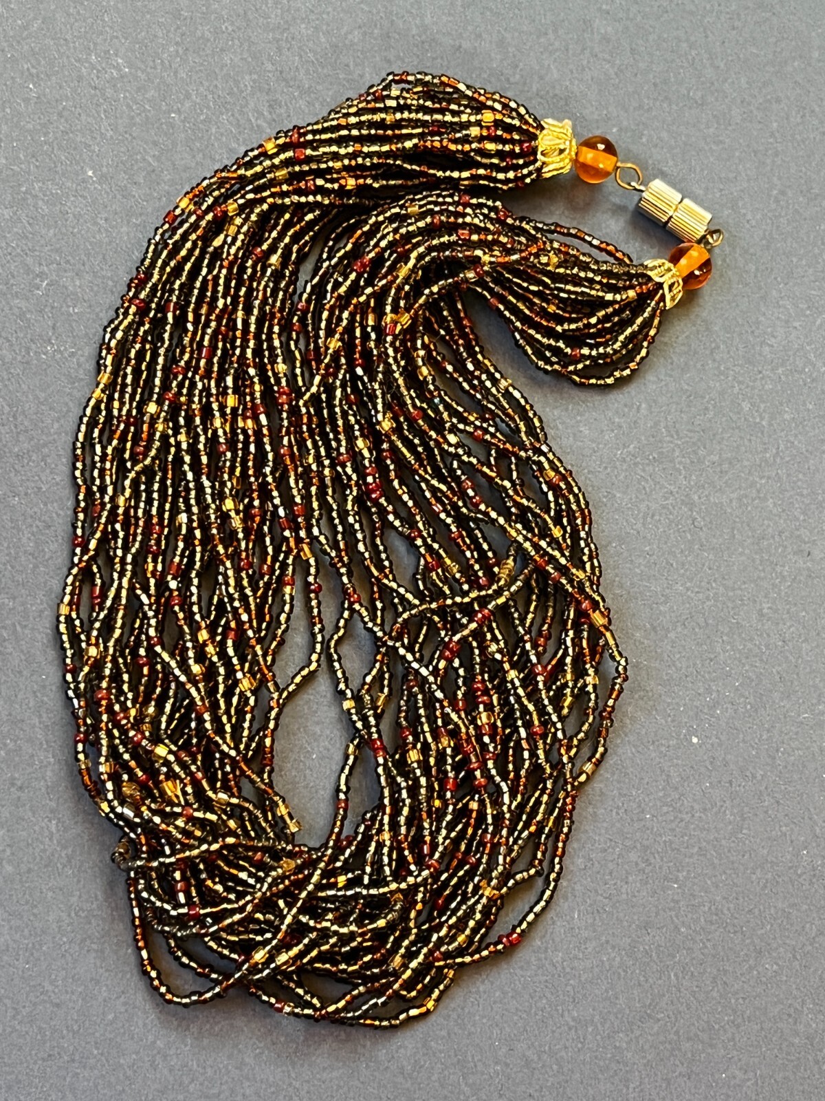 Estate Multistrand Tiny Bronze & Gray Bead Necklace – 15 inches long x 0.75 inch