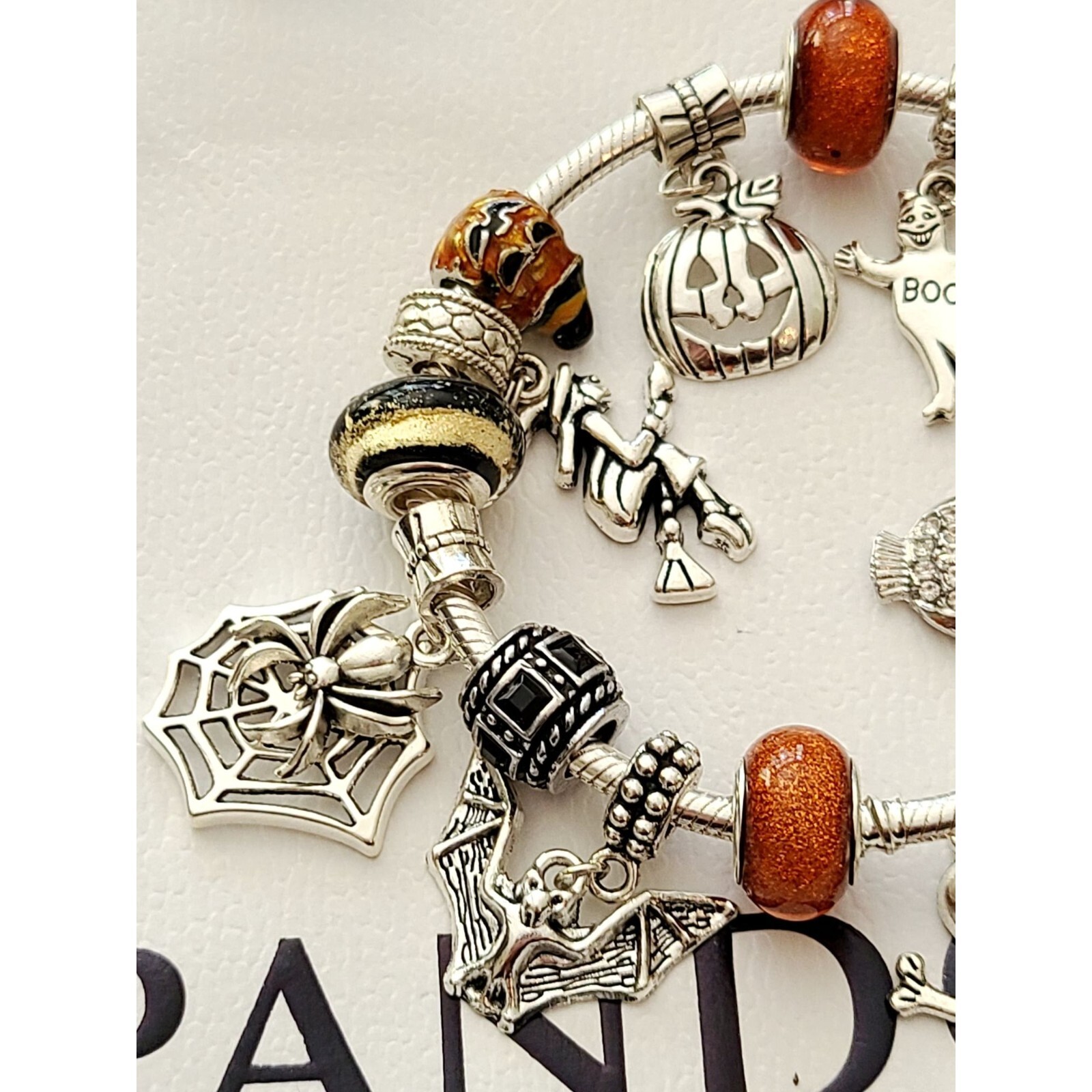 PANDORA GOTHIC HALLOWEEN Charm Bracelet .925 Sterling Silver Bat Skull Witch Te