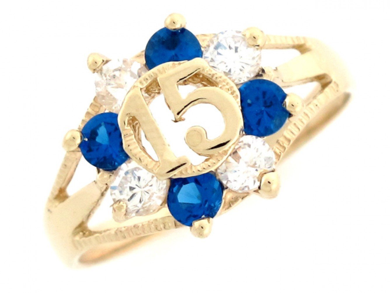10k or 14k Yellow Gold Blue Sapphire and White CZ 15 Anos Quinceanera Ring
