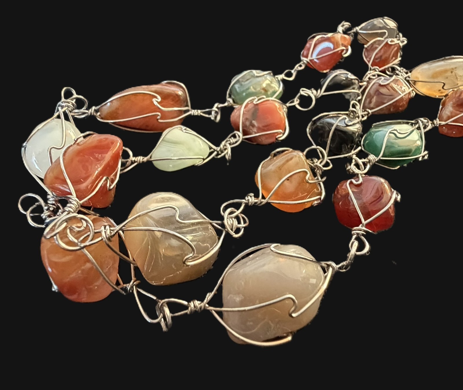 Artisan Wire Wrapped Natural Gemstone Necklace 34″ Endless Large Stone Statement