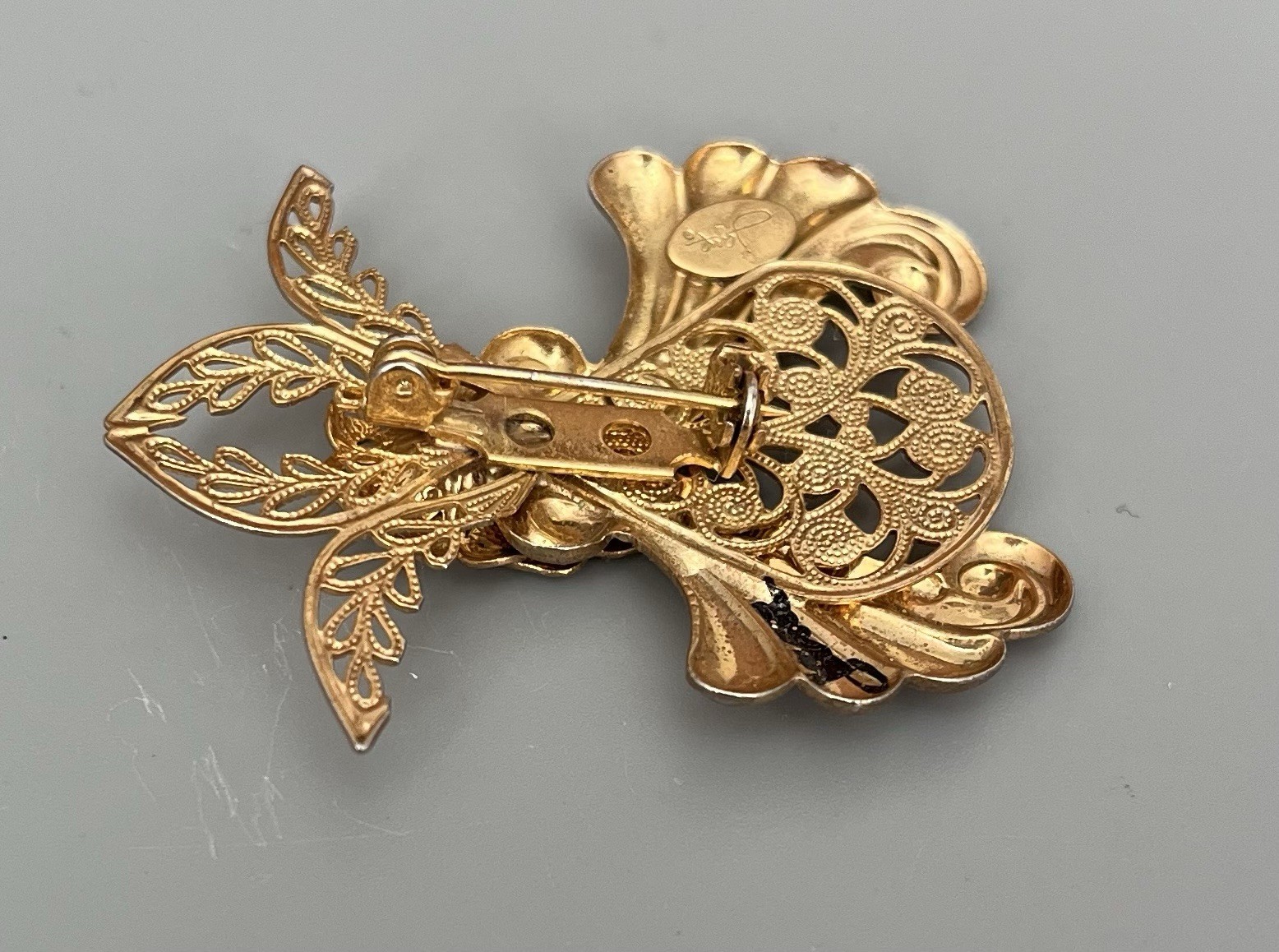 Vintage Signed JANE Angel Brooch Gold Tone-Clear Rhinestone 2” Open Cut Detail