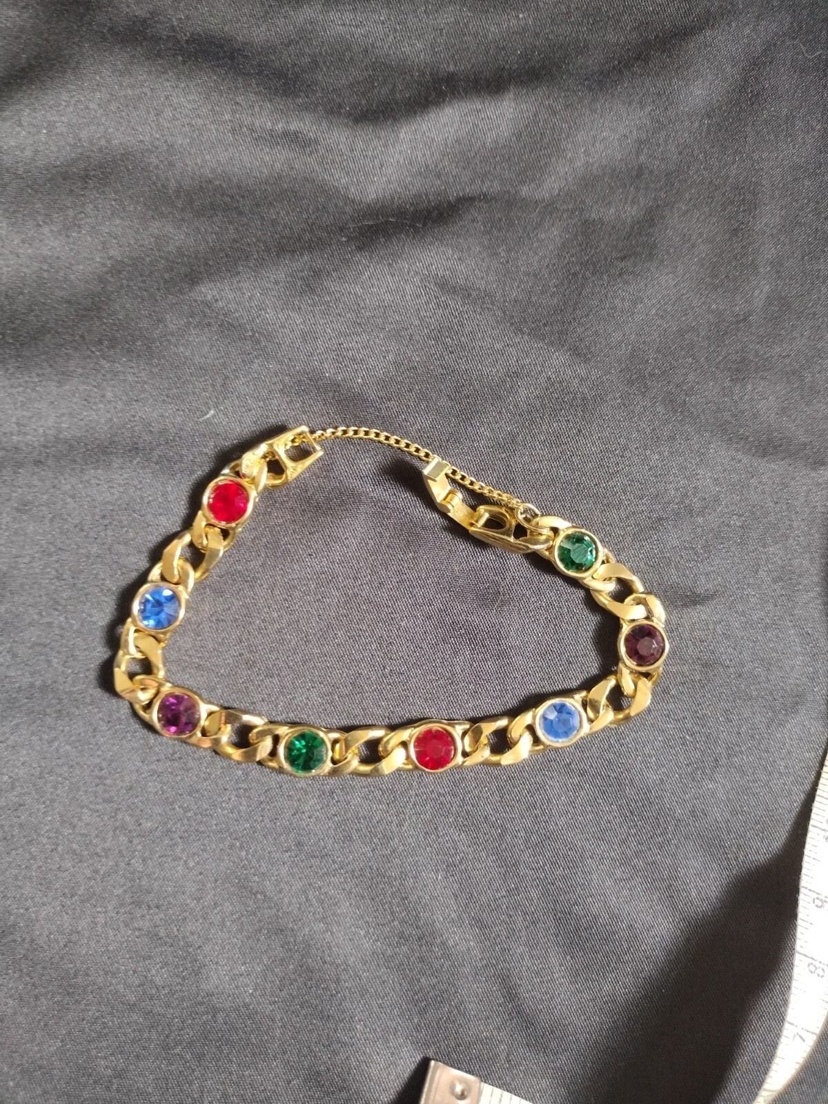 Vtg Tennis Bracelet Synthetic Round Cut Gemstones Goldtone With Safety Chain