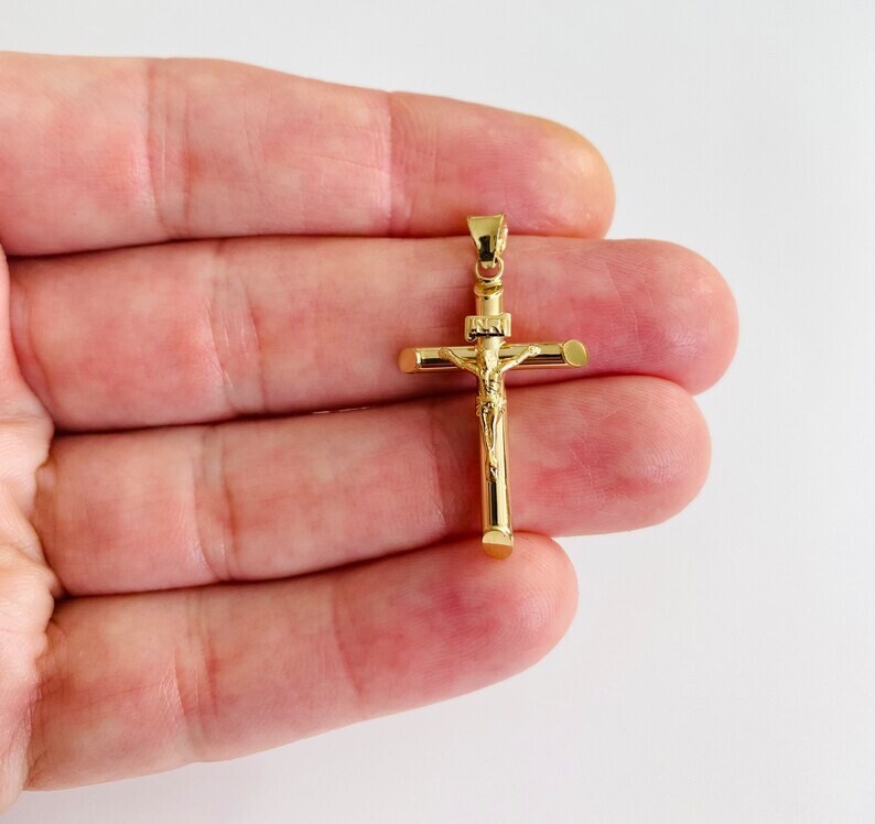 14K Solid Gold Cross 32mm / 1.25 in Pendant, 14k Gold Jesus Christ Pendant-PT840