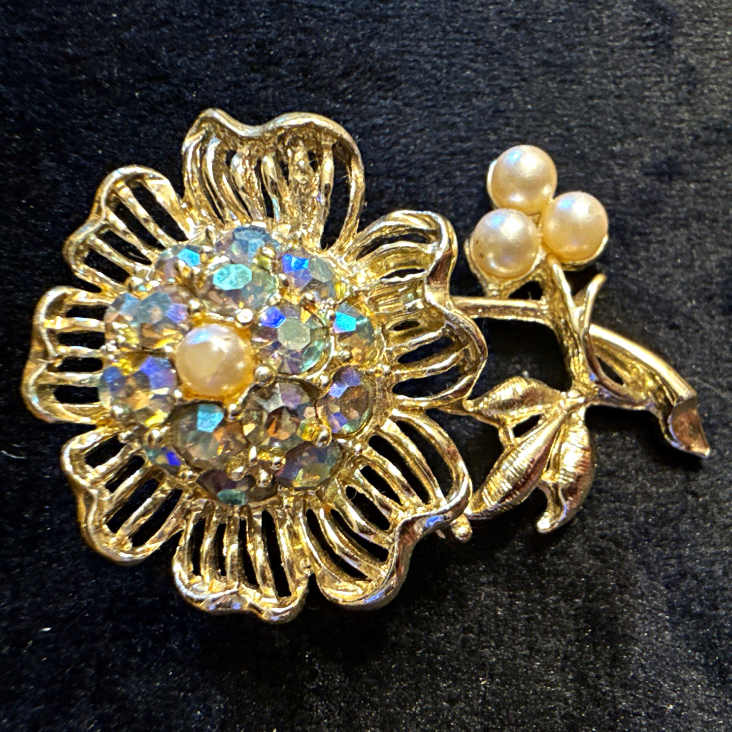 Vintage Gold Tone Flower Brooch Pin AB Clear Rhinestones White Faux Pearls