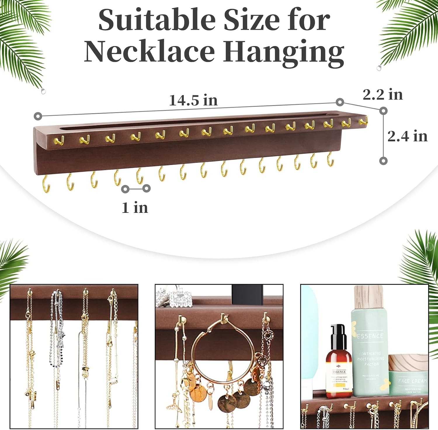 Elegant 30-Hook Necklace Organizer Wall-Mounted Jewelry Holder in Walnut