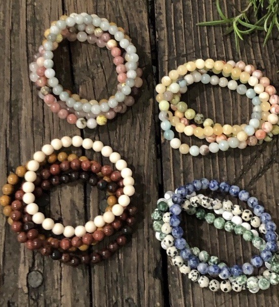 Natural Stone Beaded Bracelet Set, 4 Pieces, Small Beads
