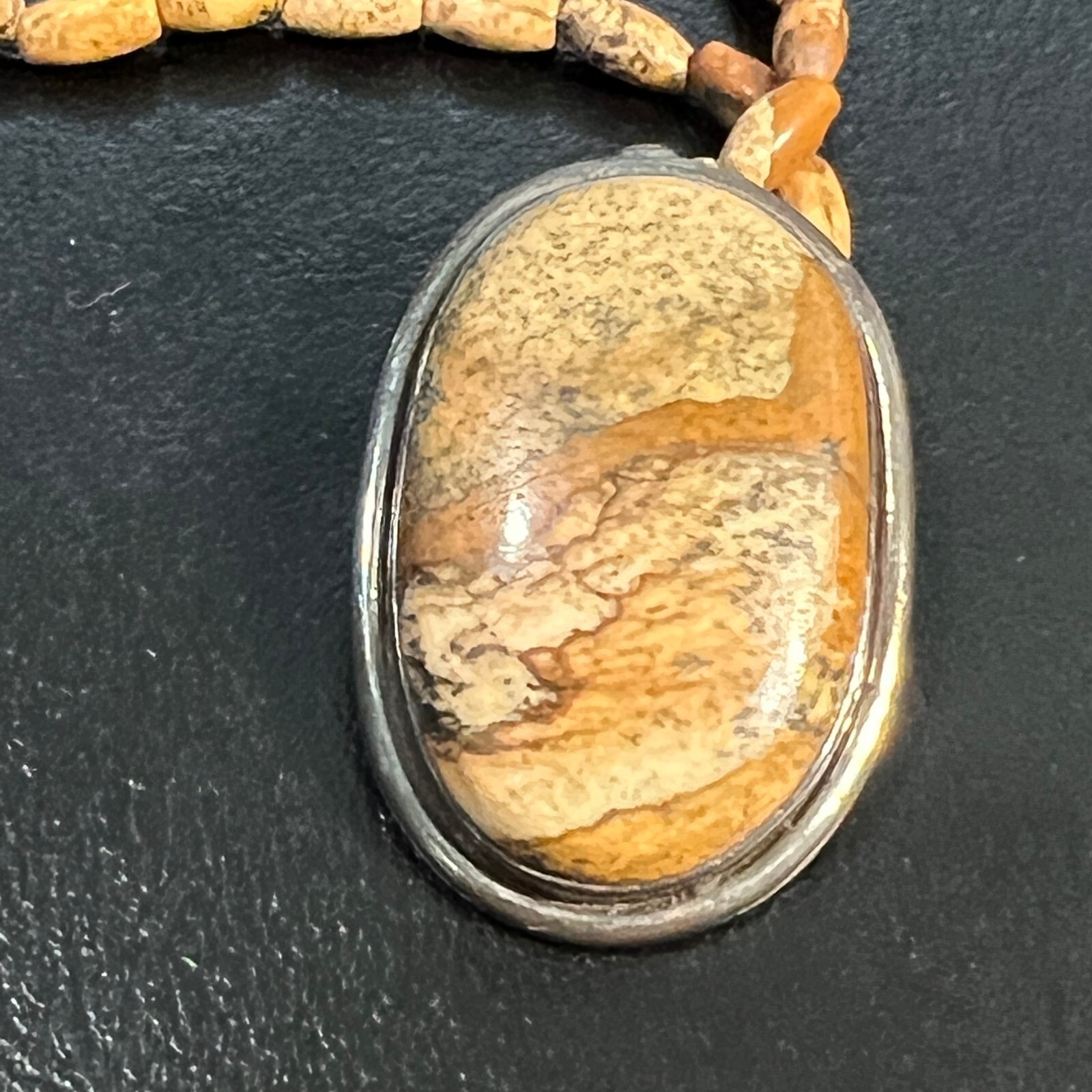 Earth Tone Beaded Necklace Brown Tan Cabochon Stone Pendant