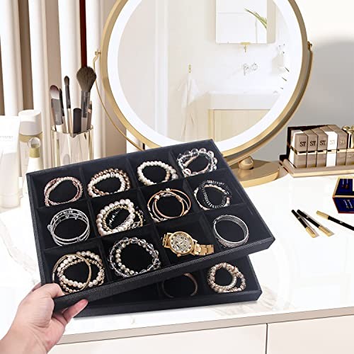2Pcs 12 Grids Stackable Jewelry Organizer 12 Grid Tray + 12 Grid Tray Black