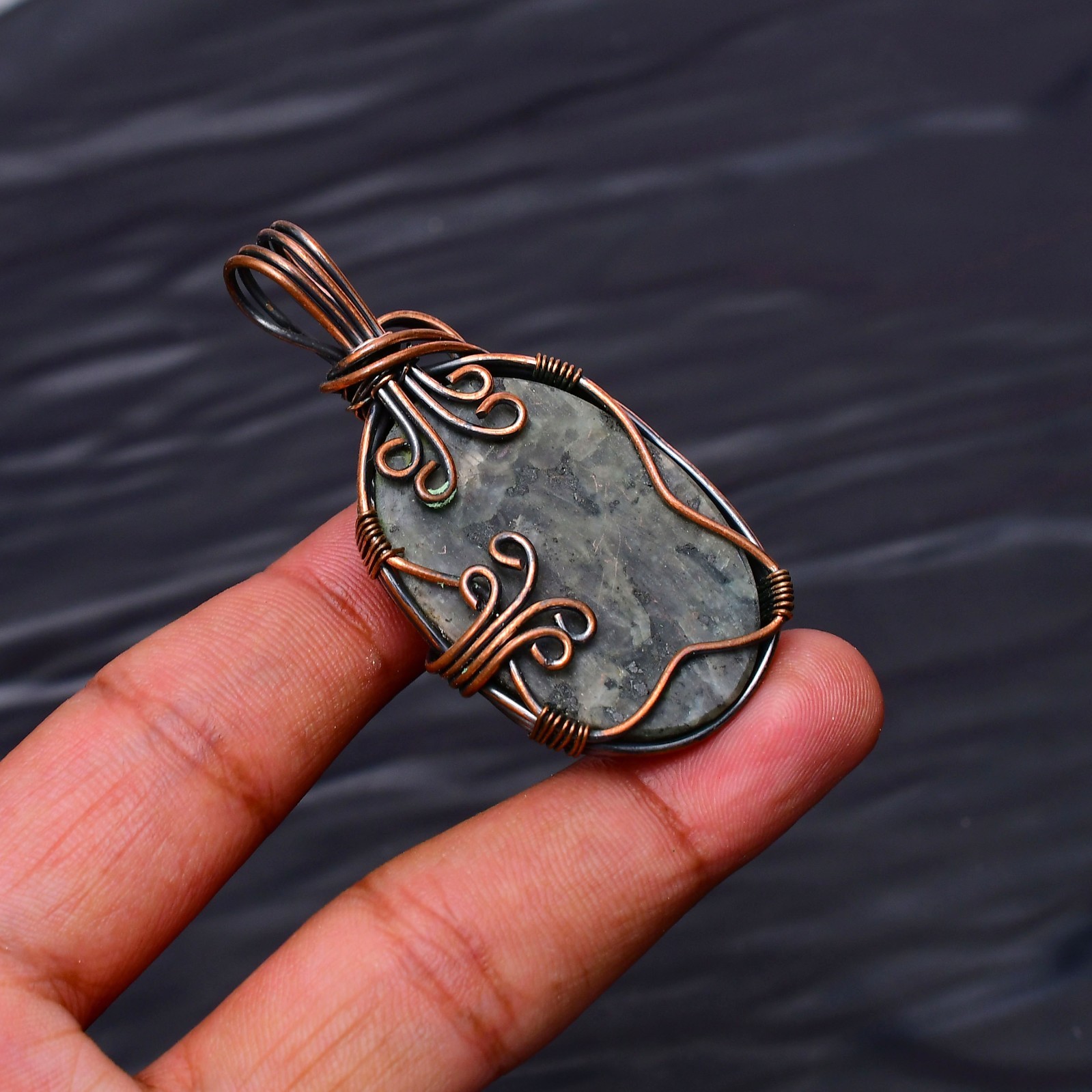 Larvikite Gemstone Copper Wire Wrapped Handmade Jewelry Pendant 2.20″