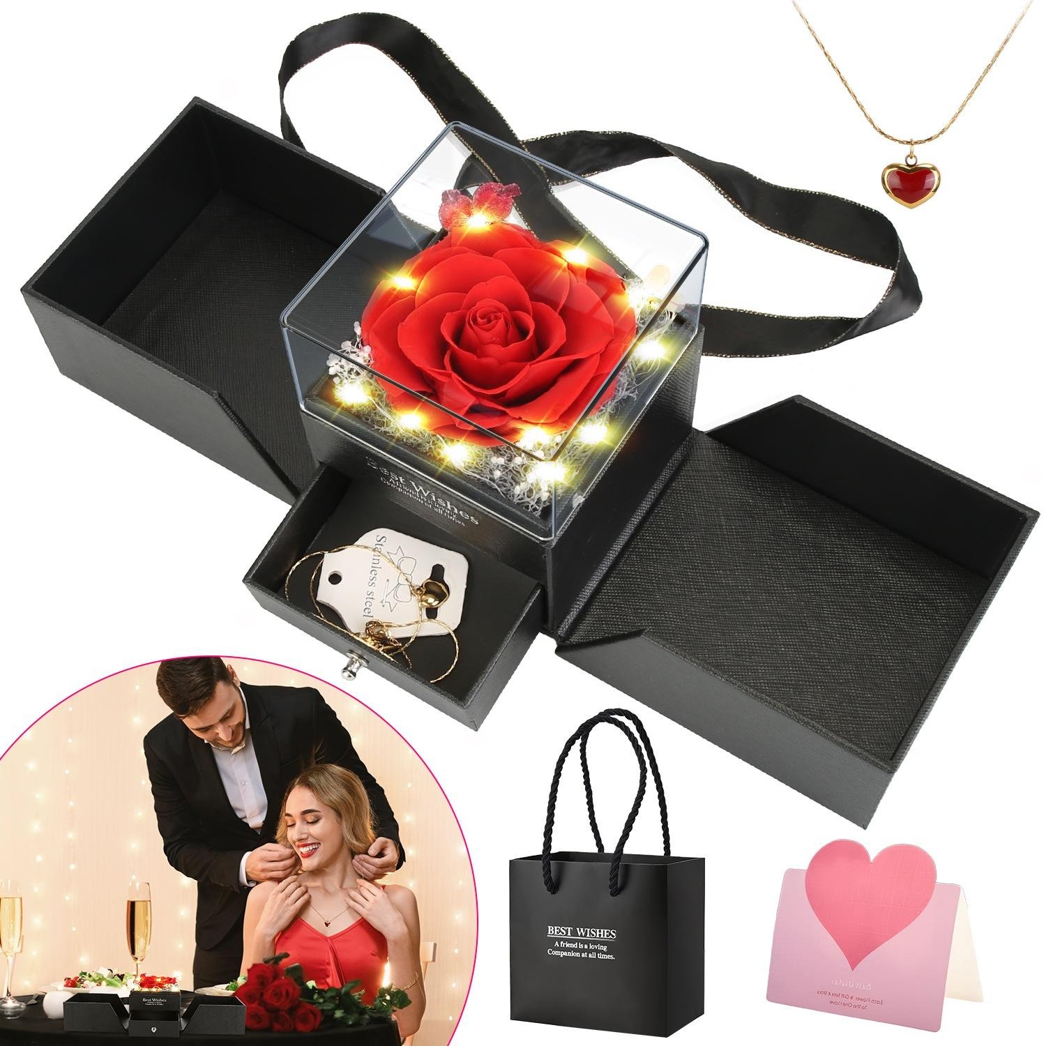 Preserved Red Real Rose w/ Heart Necklace Eternal Flowers w/ Golden