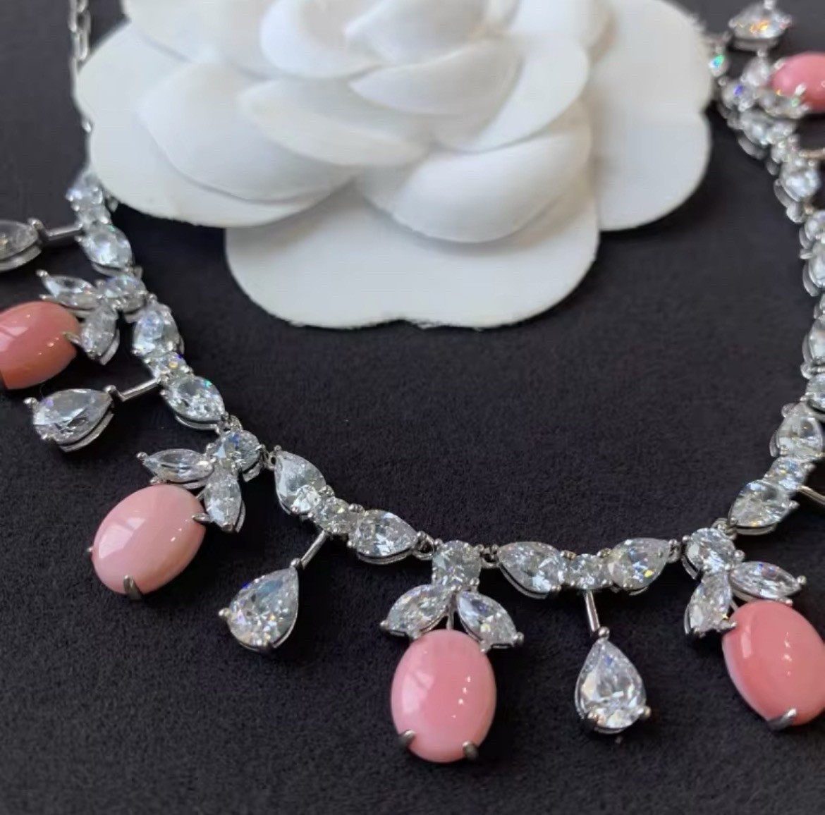 Elegant Natural Pink Conch Pearl Drop Necklace, Lab Diamonds, 925 SS