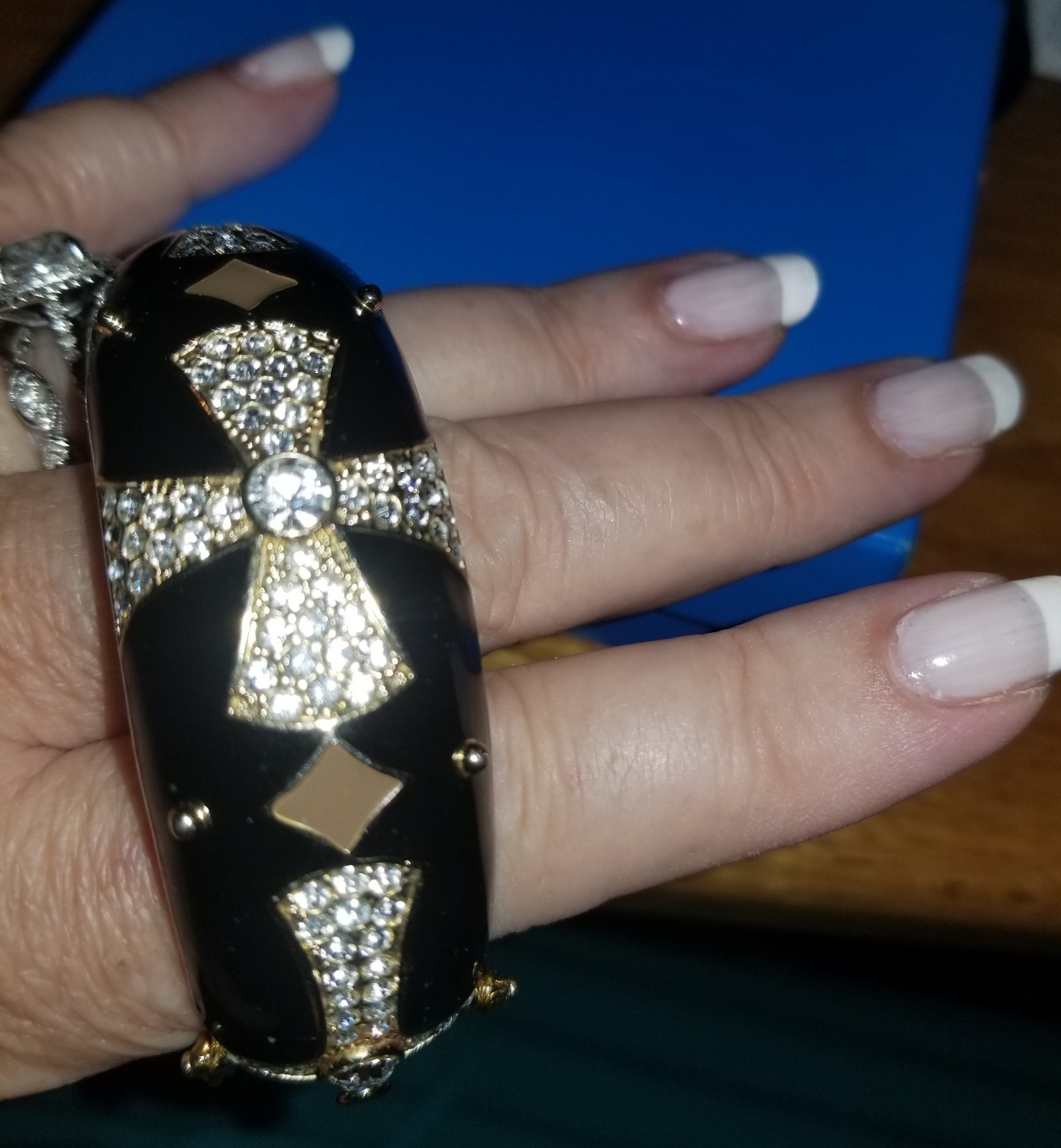 Joan Boyce Black Enamel Gold Maltese Cross Crystal Hinged Bracelet Box New