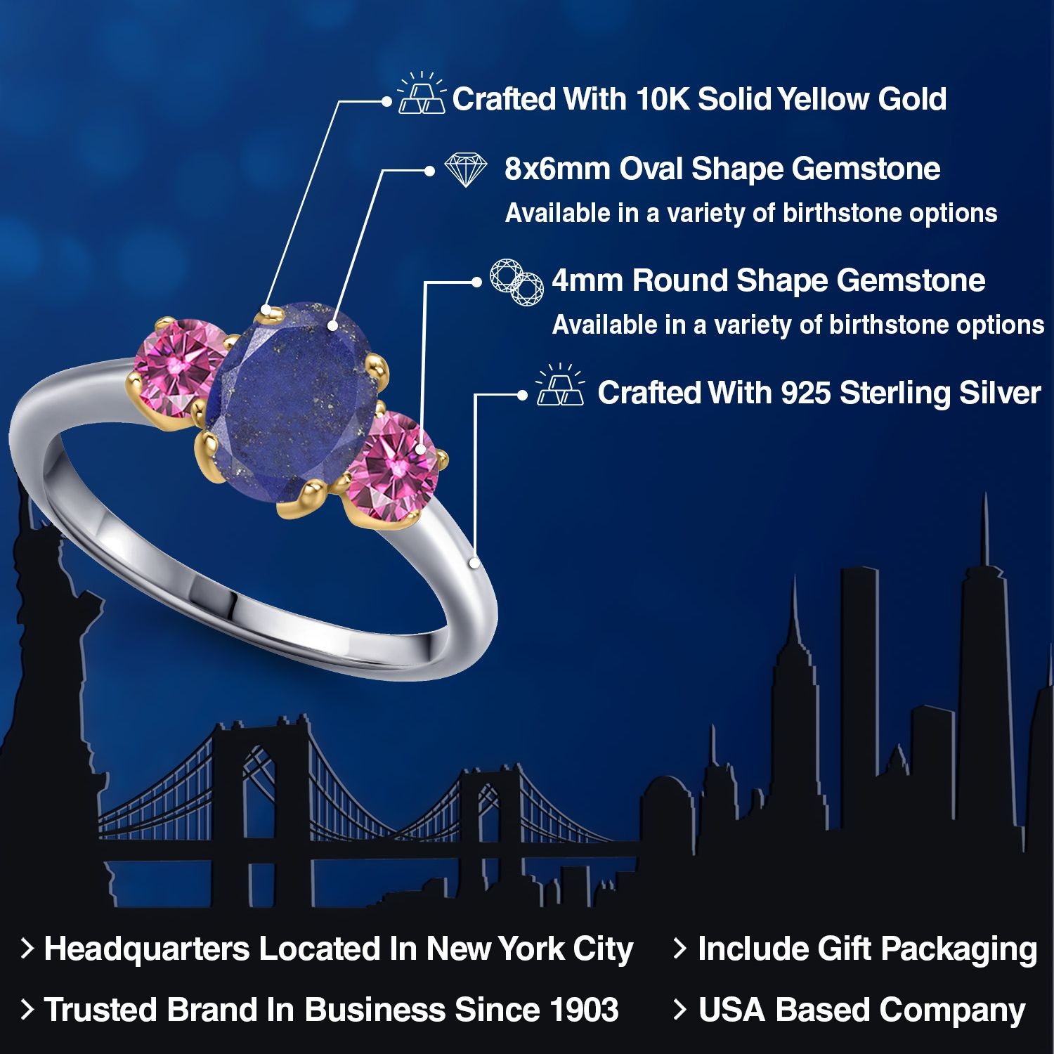 925 Silver and 10K Yellow Gold Blue Lapis and Pink Moissanite Engagement Ring