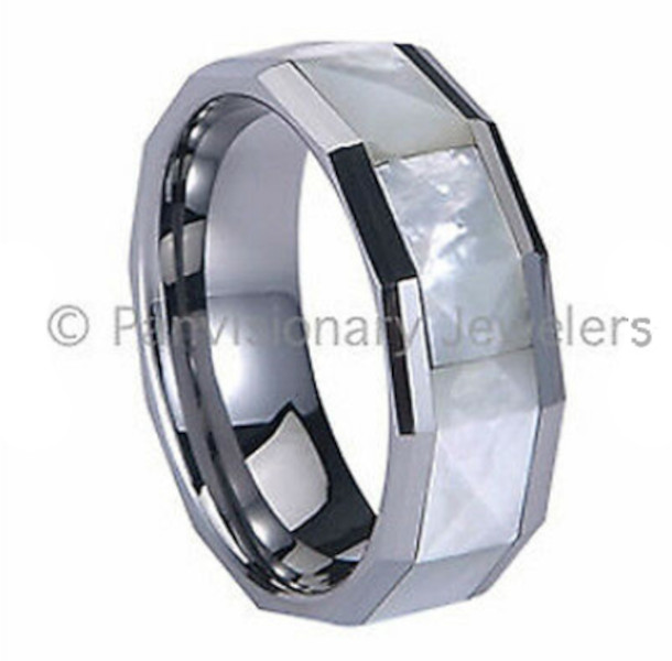 8mm White MOP Ring Tungsten Carbide Mother Pearl Facet Inlay 5 6 7 8 9 10 11 12