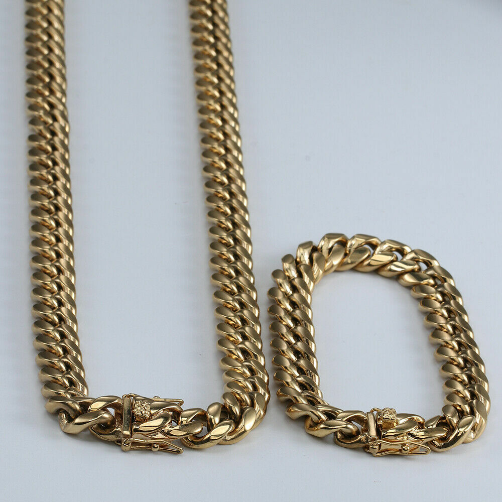 Men’s Miami Cuban Link Bracelet&Chain Combo Set 14K Gold Plated Stainless Steel