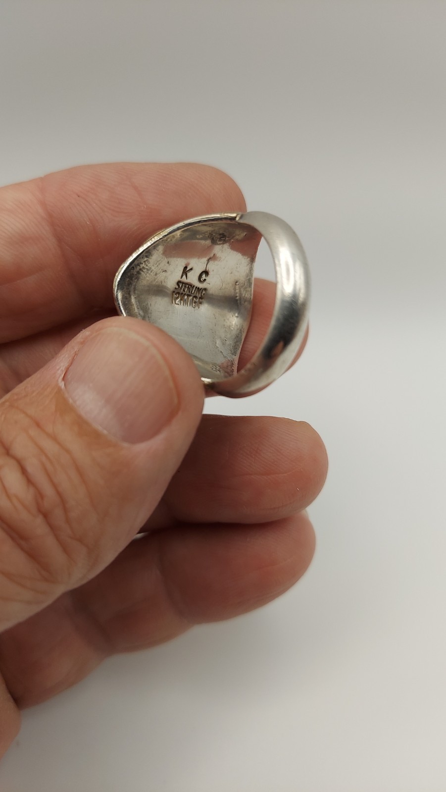 mens native signed KC, sterling silver and 12k gold filled ring, black onyx, 10