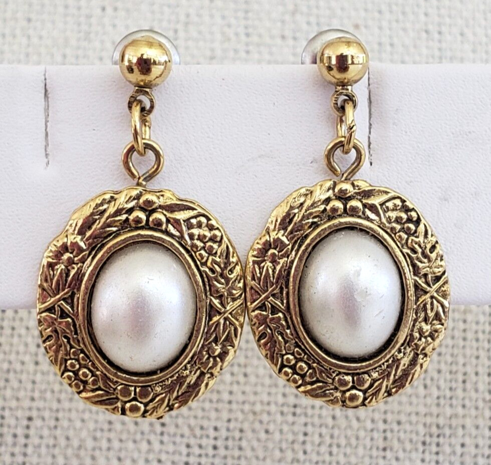 Vintage Victorian Rev Faux Pearl Gold Tone Small Dangle Pierced Earrings 1-1/8″