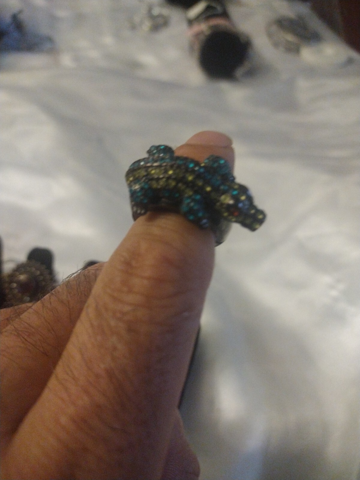 OPC Green Rhinestone Elastic Band Lizard Crocodile Ring Costume Jewelry EUC