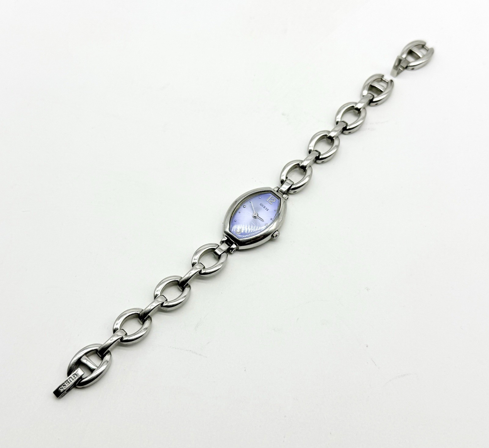 GUESS Ladies Watch Blue Dial New Battery Tonneau Shape Silver Tone Link Bracelet