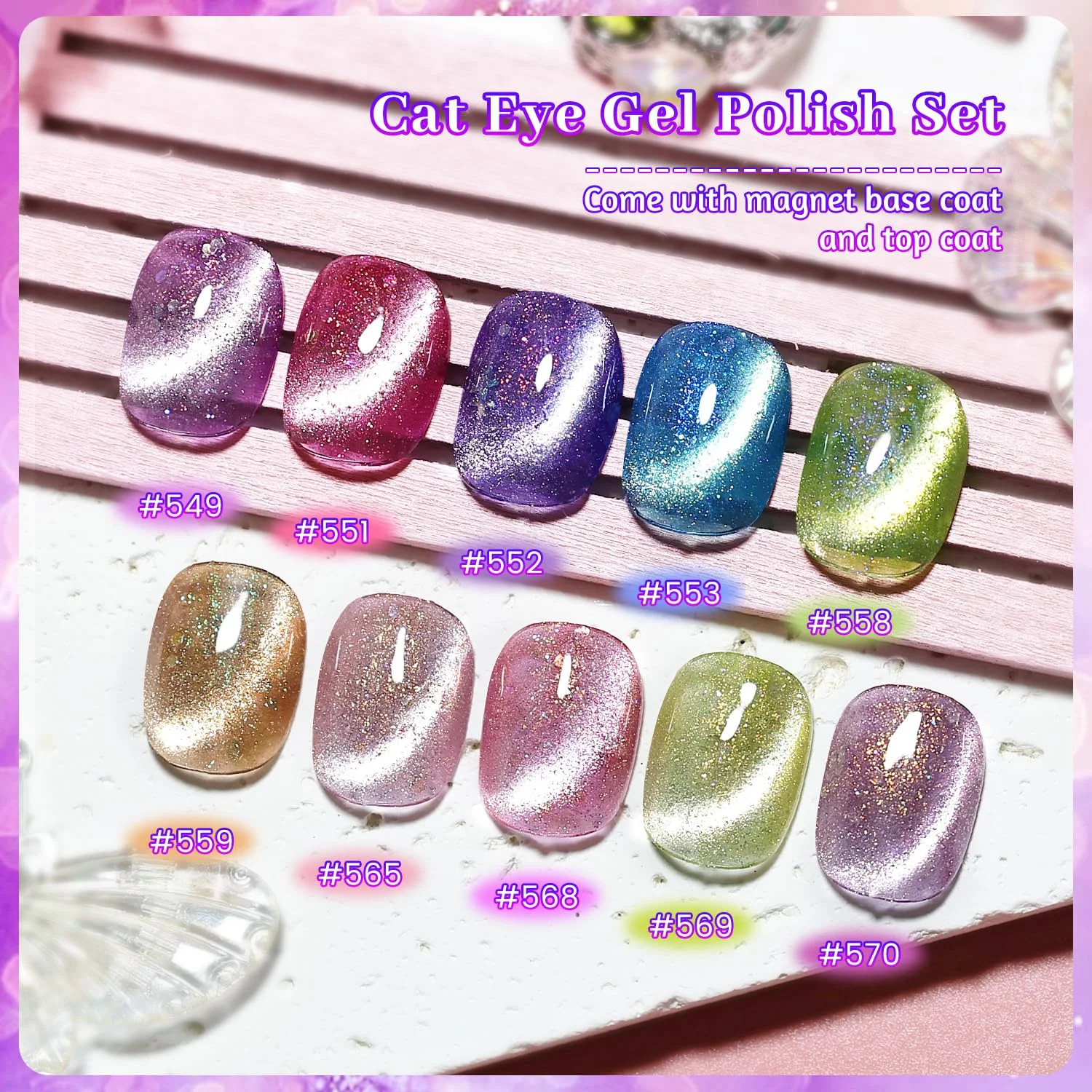 Cat Eye Gel Nail Polish Set 10 Colors Glitter Pink Purple Blue Green with Base C