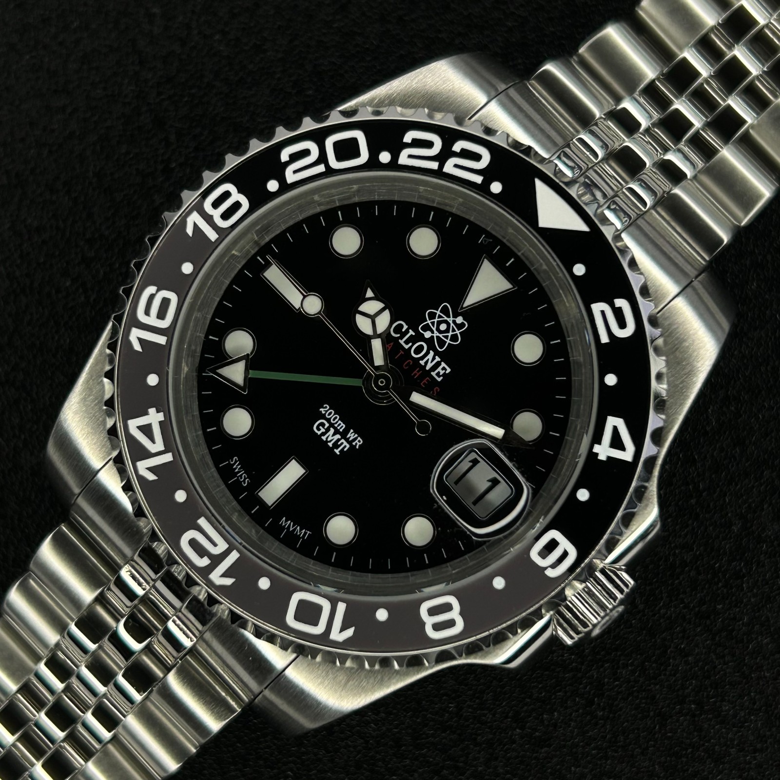 CLONE 40mm Bruce Wayne GMT watch jubilee bracelet GRNR sub style swiss movement