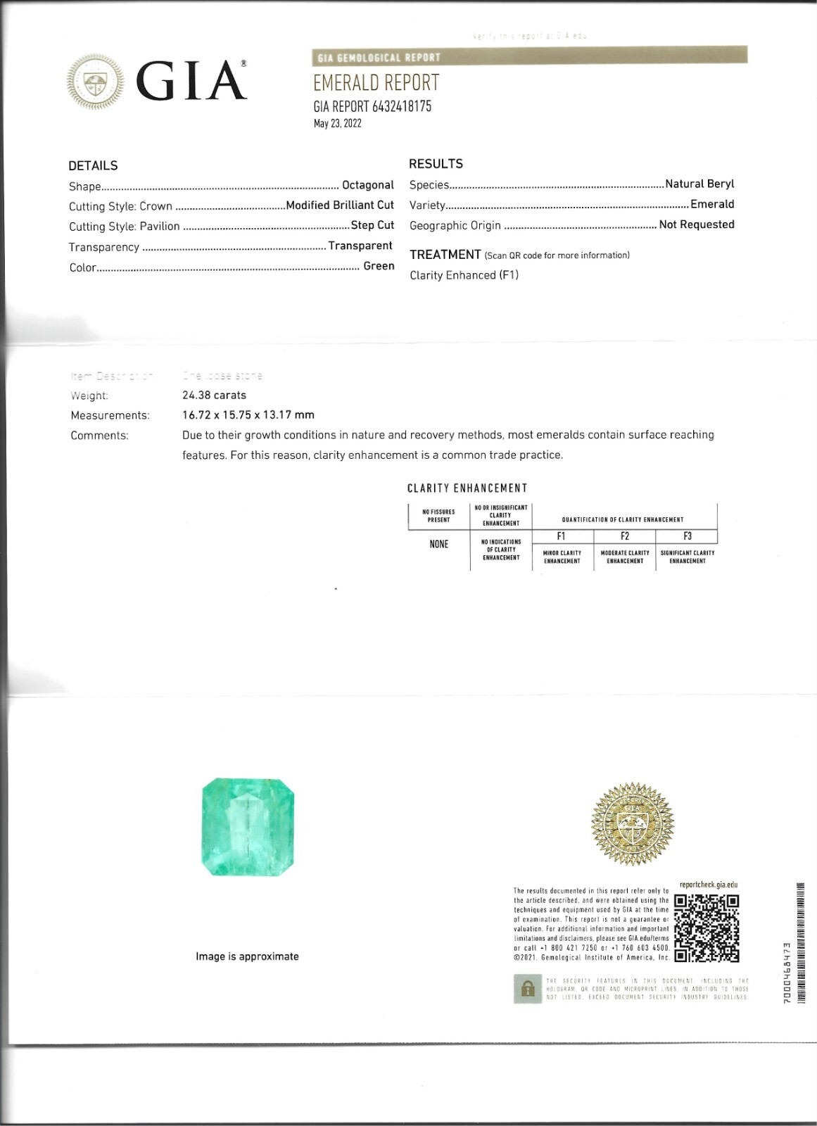 Emerald 24.38ct with GIA report (Watch Video in description)