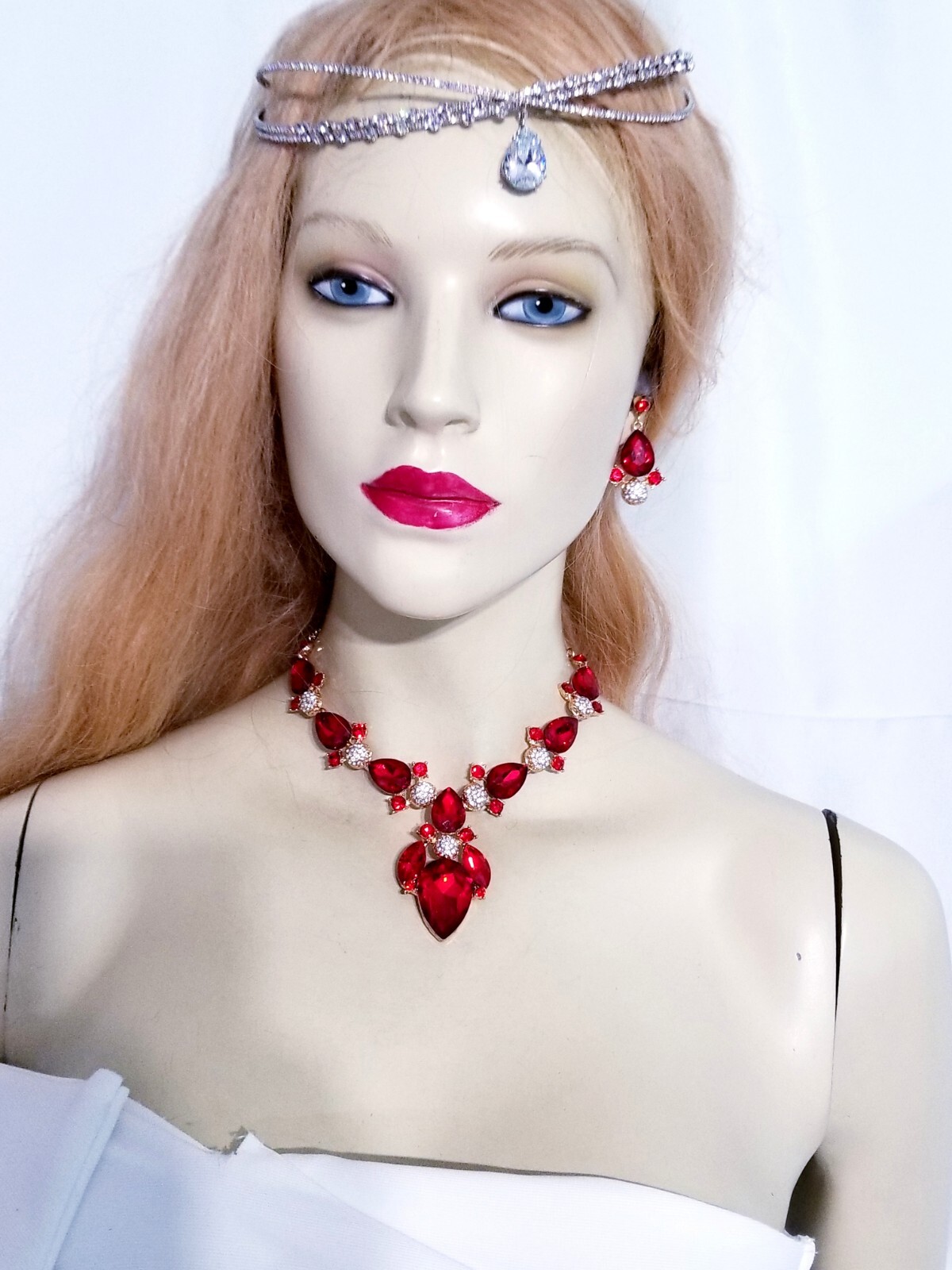 Red Crystal Choker Rhinestone Necklace Earring Set Bridal Prom Pageant