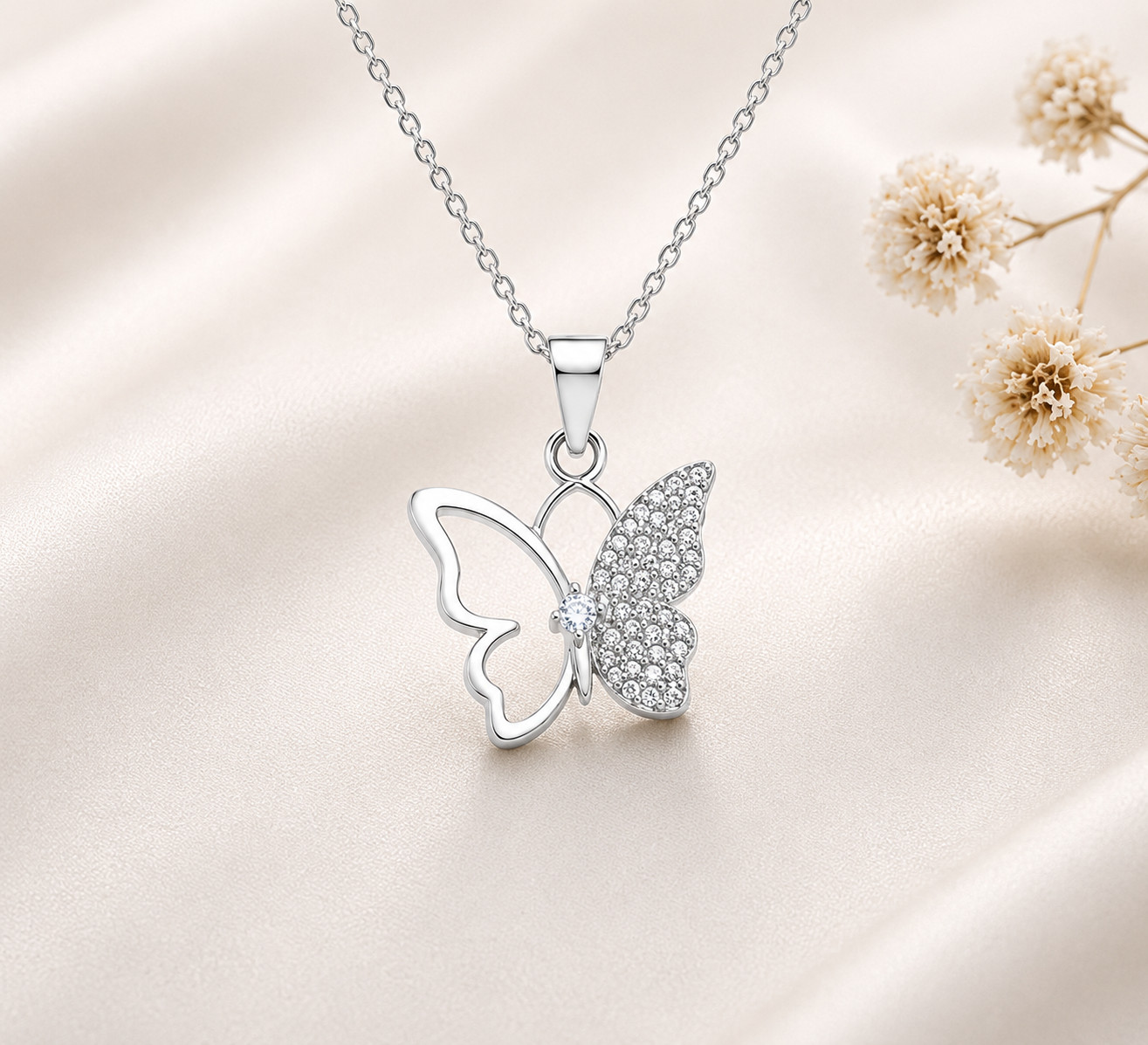 925 Sterling Silver Butterfly Pendant Necklace CZ Crystal Gift for Women