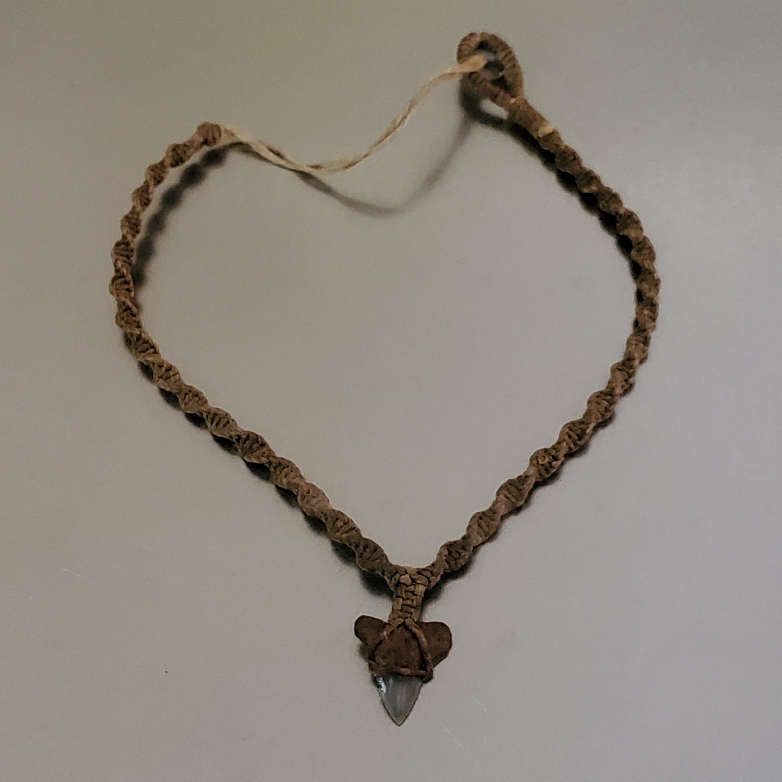 Vintage Shark Tooth Pendant Necklace Spiral Corded Brown Twine 15 inch