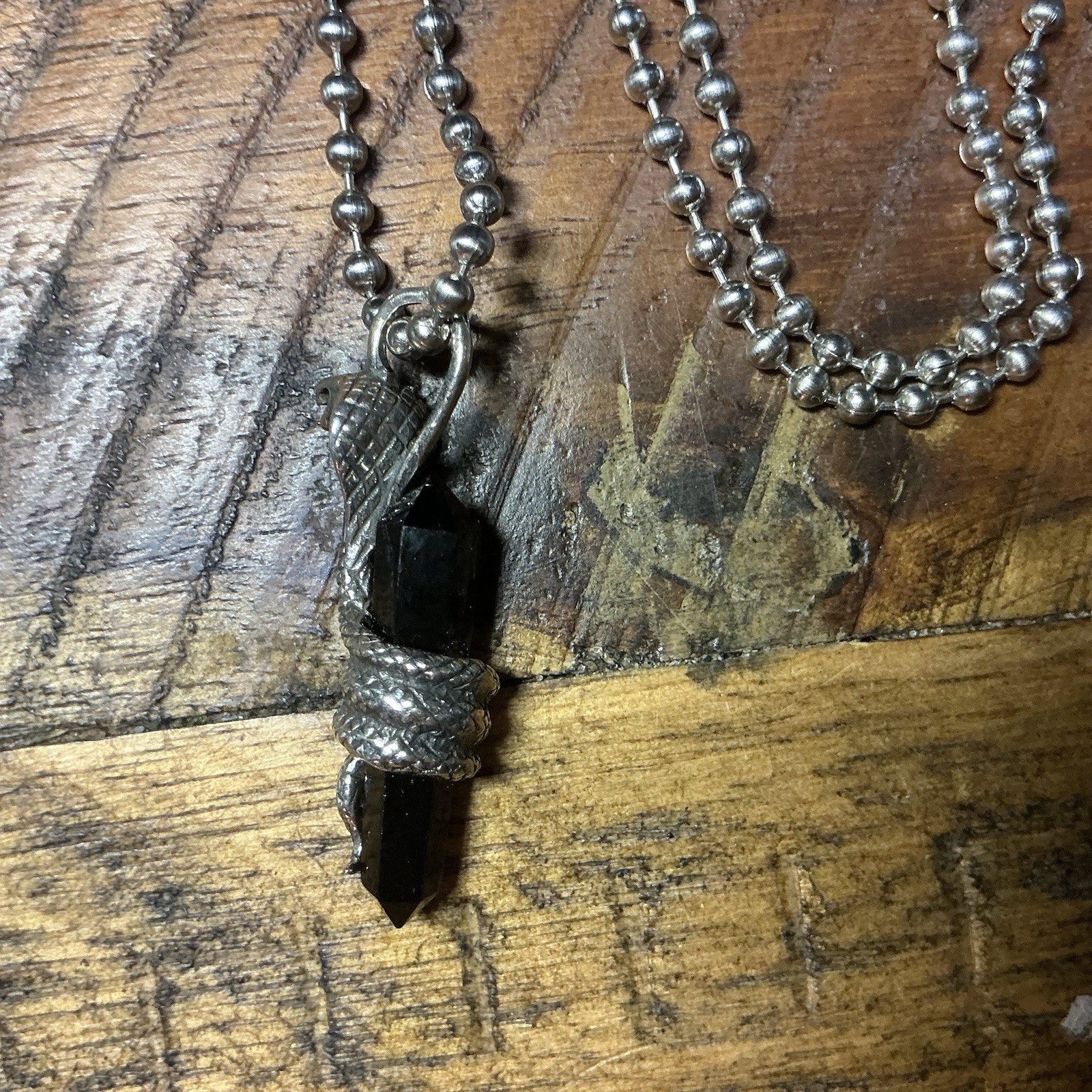 Sterling Silver Cobra snake Wrapped Around Onyx Pointed Crystal Necklace