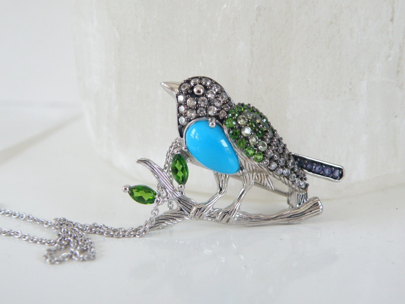 Victoria Wieck Sterling Silver 925 Turquoise Gemstone Bird Brooch Slide Necklace