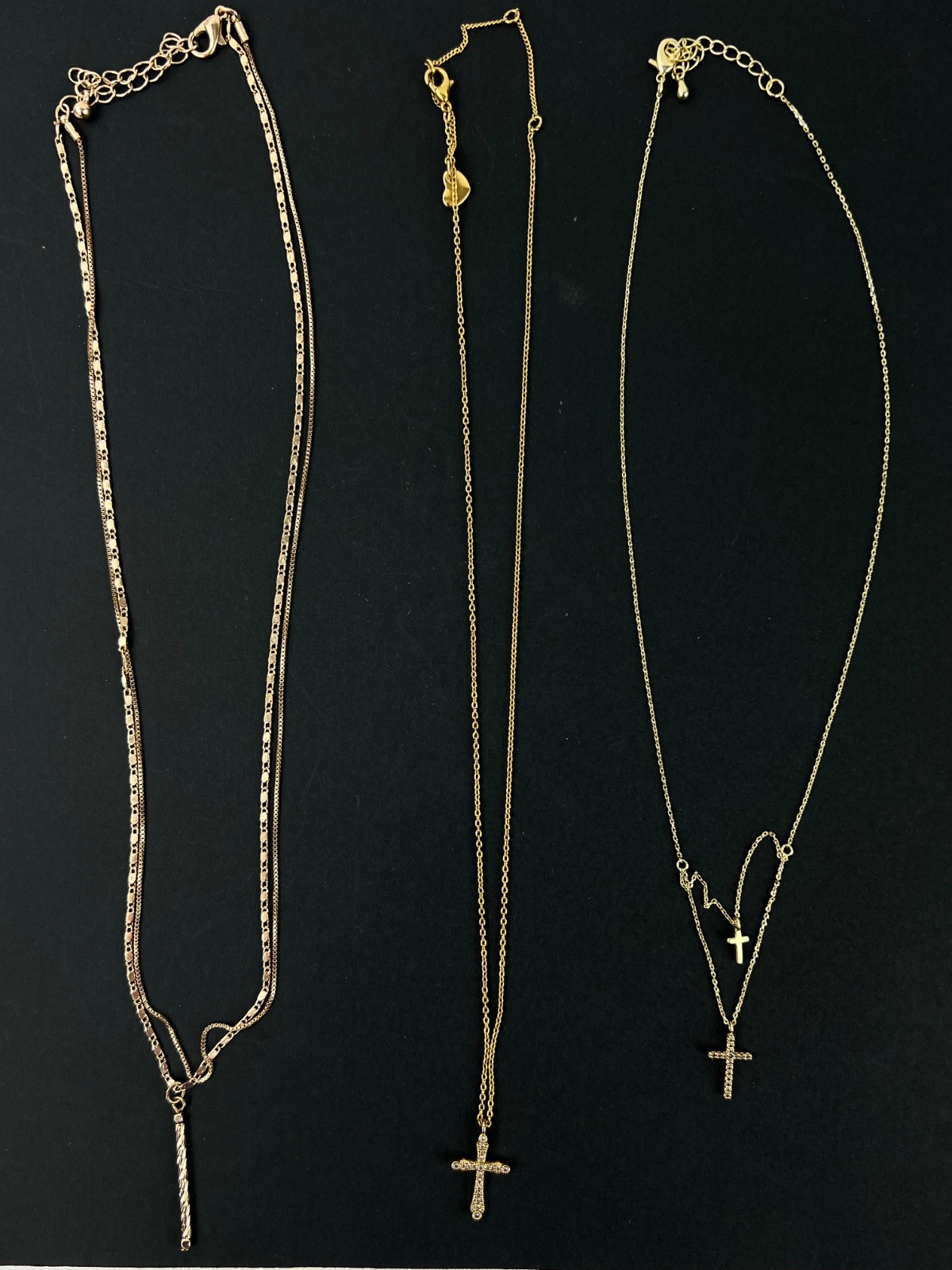 Fashion 3 Necklaces Lot Chains Gold Tone 3 Crosses 1 Bar Pendant Layering Set