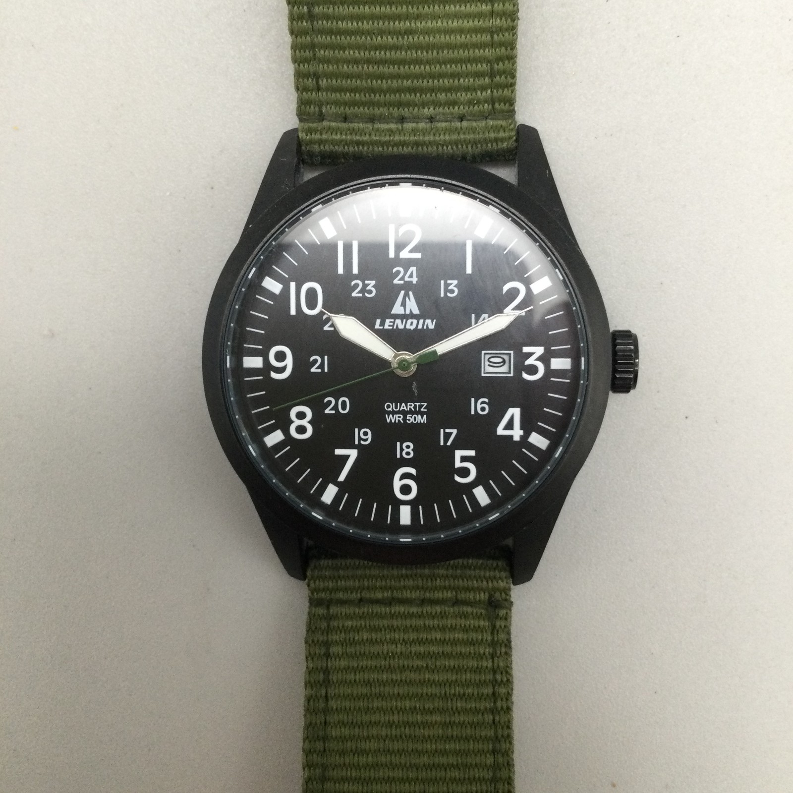 Lenqin Watch Mens 40mm Black Case Olive Green Nylon Band Date WR 50M