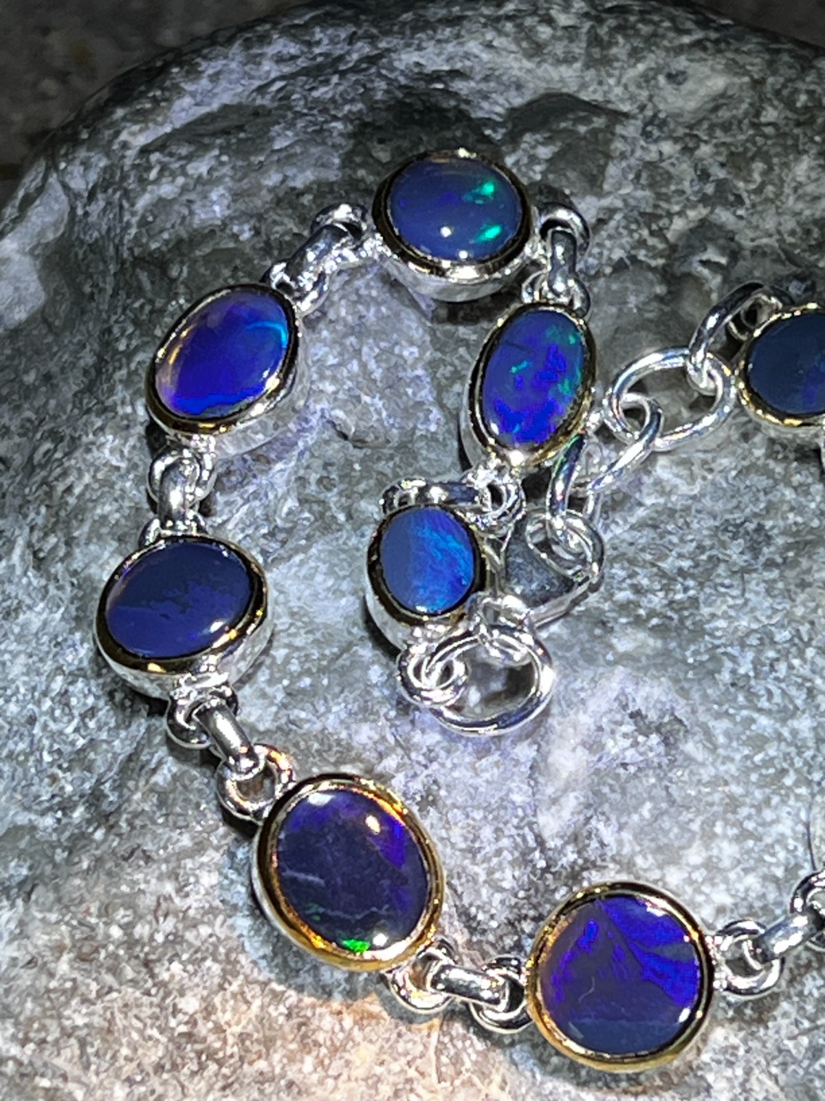 Opulent Blue Metallic Boulder Opal Link Bracelet in 18Kt Goldvermeil Setting