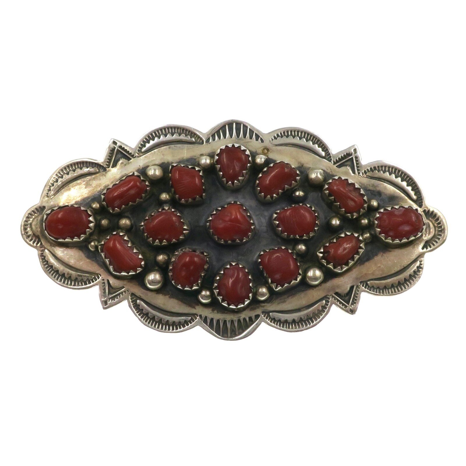 J. M. HALEY Native American Sterling Silver Red Coral Pin Brooch 2-3/4 inch Wide