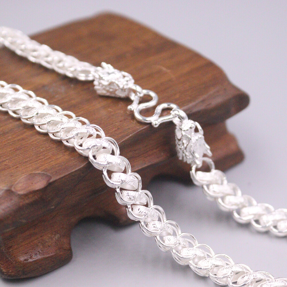 Real 999 Pure Silver Necklace Men Women 9mm Dragon Head Curb Link Chain 20inch