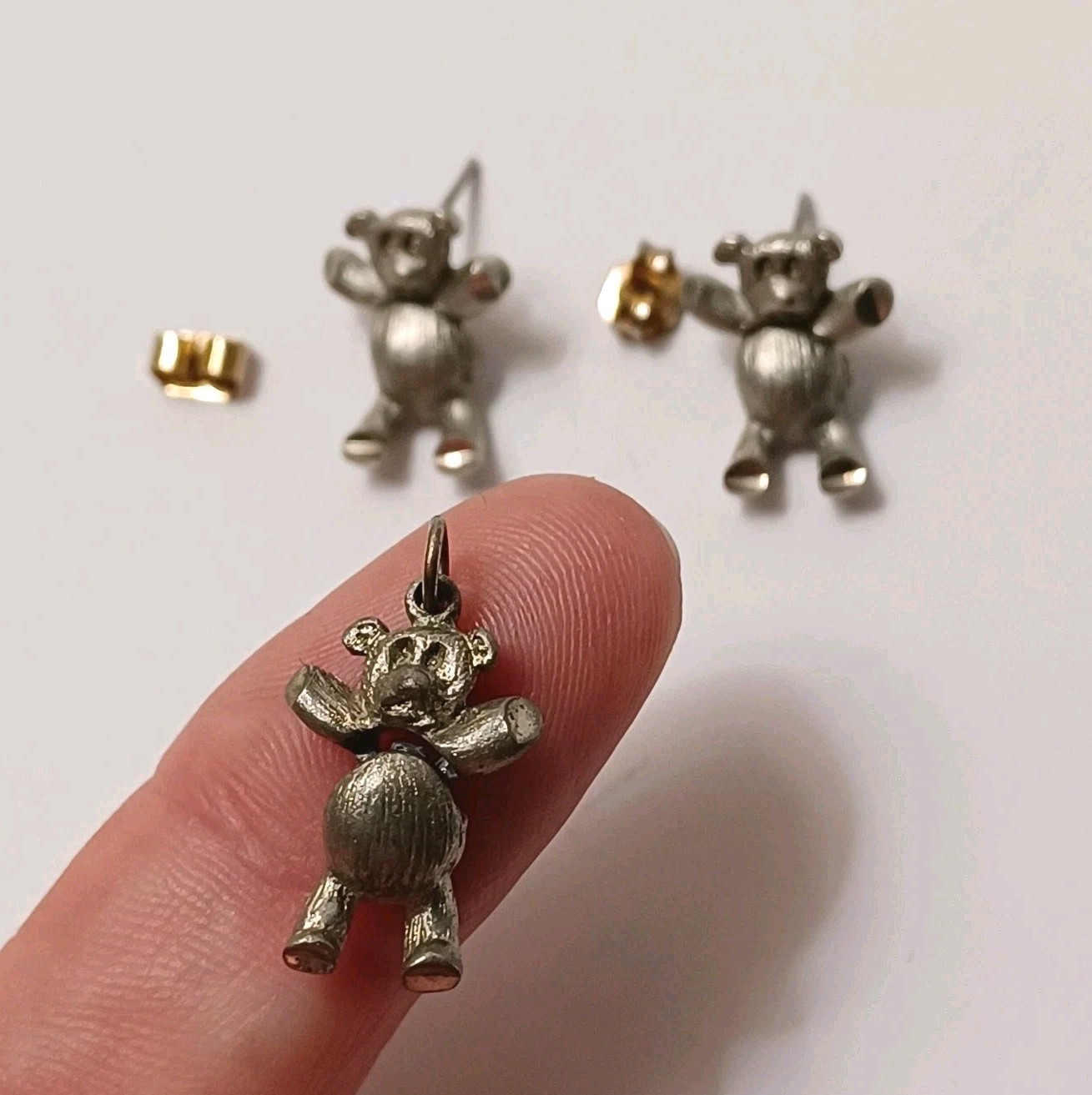 Tiny Pewter Articulated Teddy Bear Earrings & Pendant No Chain