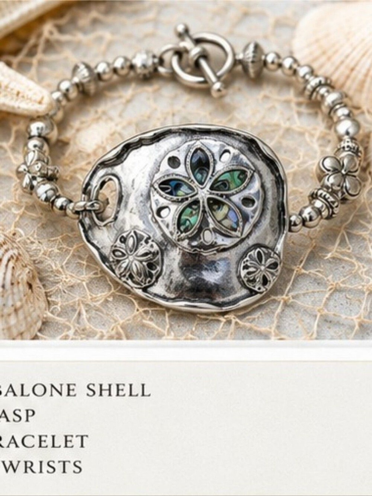 Abalone Shell Toggle Bracelet Coastal Beach Stretch Silver Tone Artisan Style